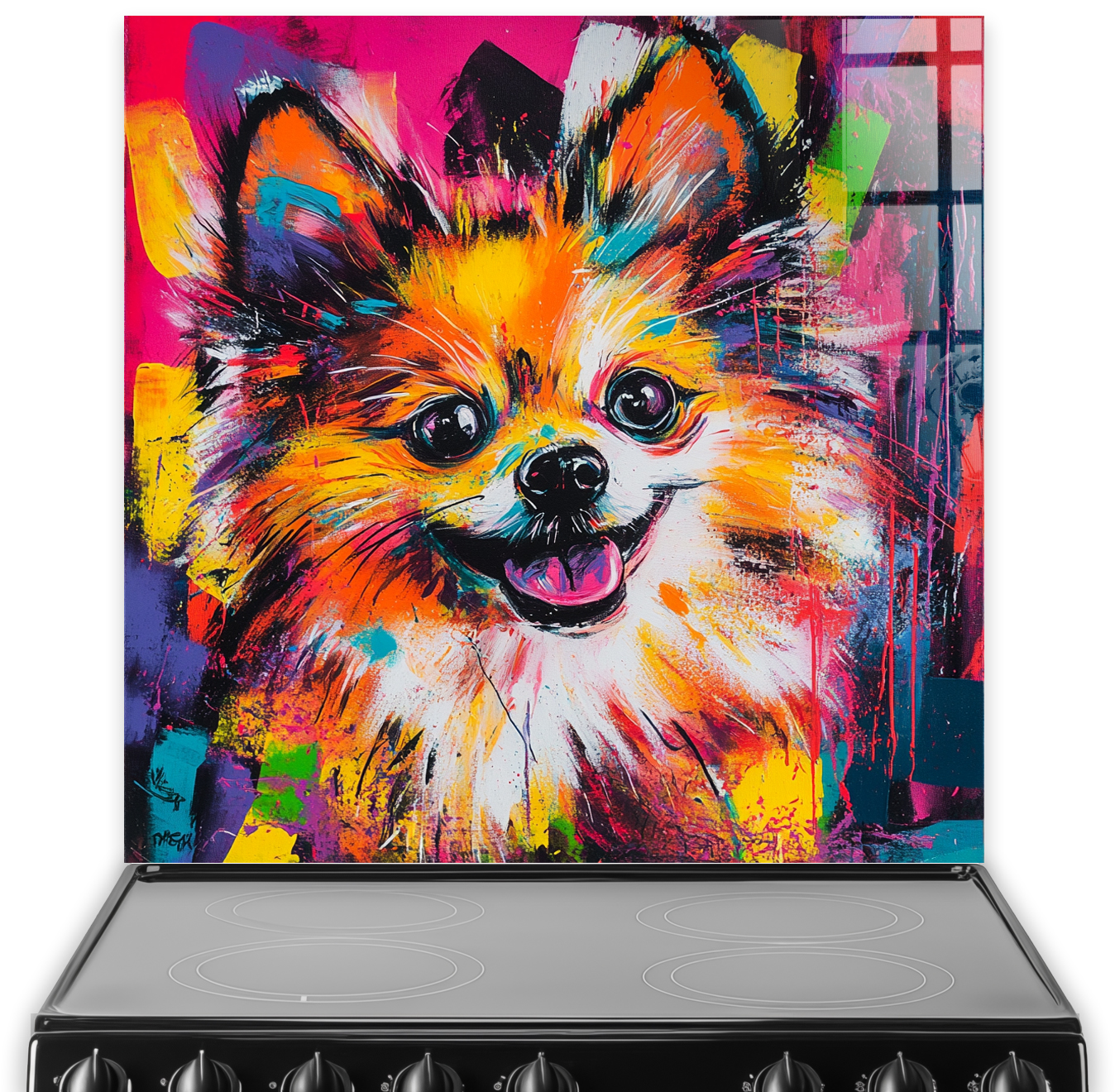 Colourful Pomeranian graffiti splashback art with vibrant colours.
