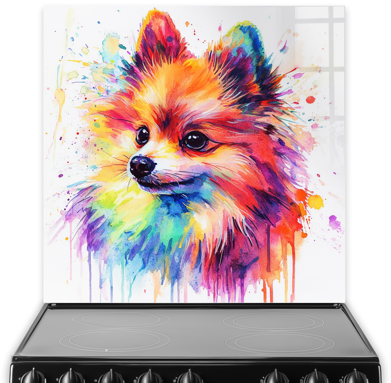 Vibrant Pomeranian splashback art with colourful abstract expressionism.