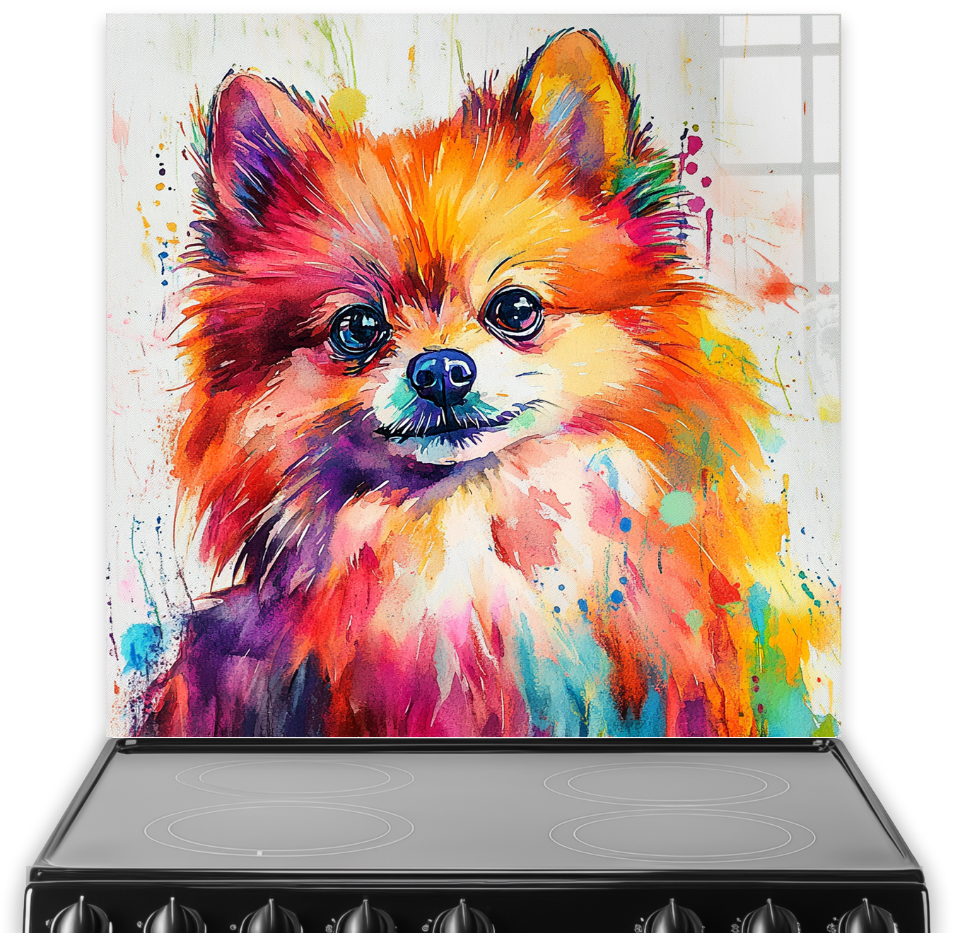 Colourful Pomeranian splashback art with vibrant orange, purple, yellow, and green hues.