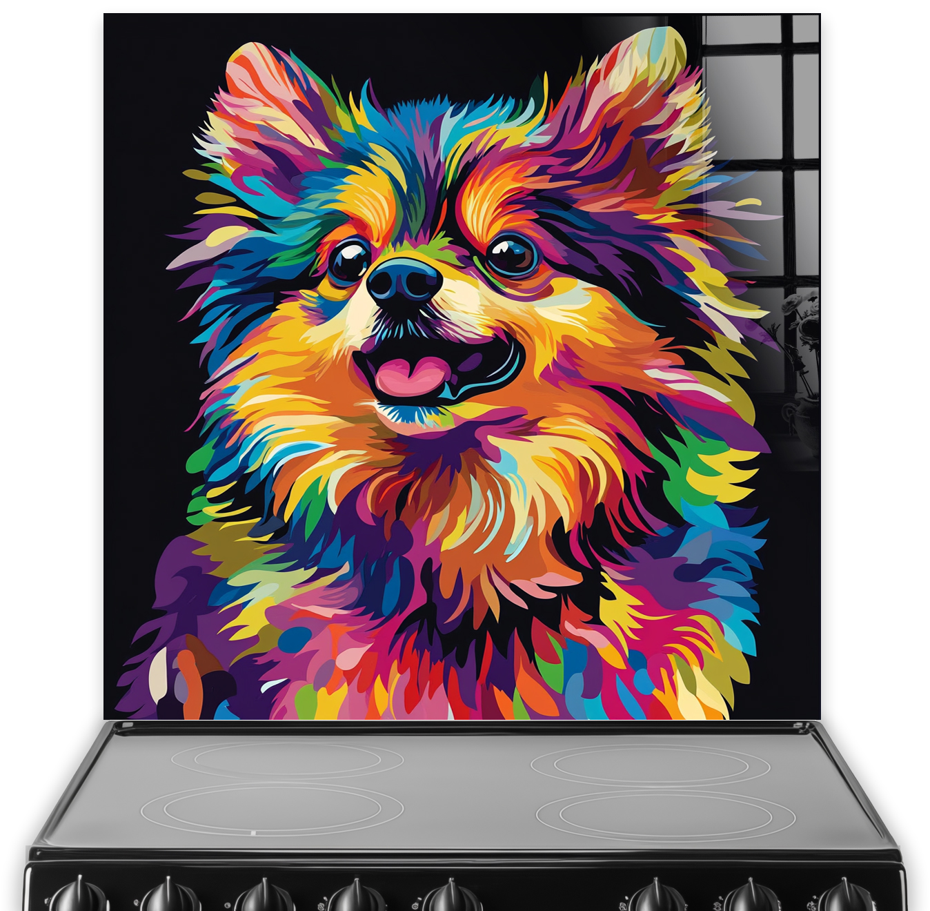 Colourful Pomeranian splashback art with neon hues.