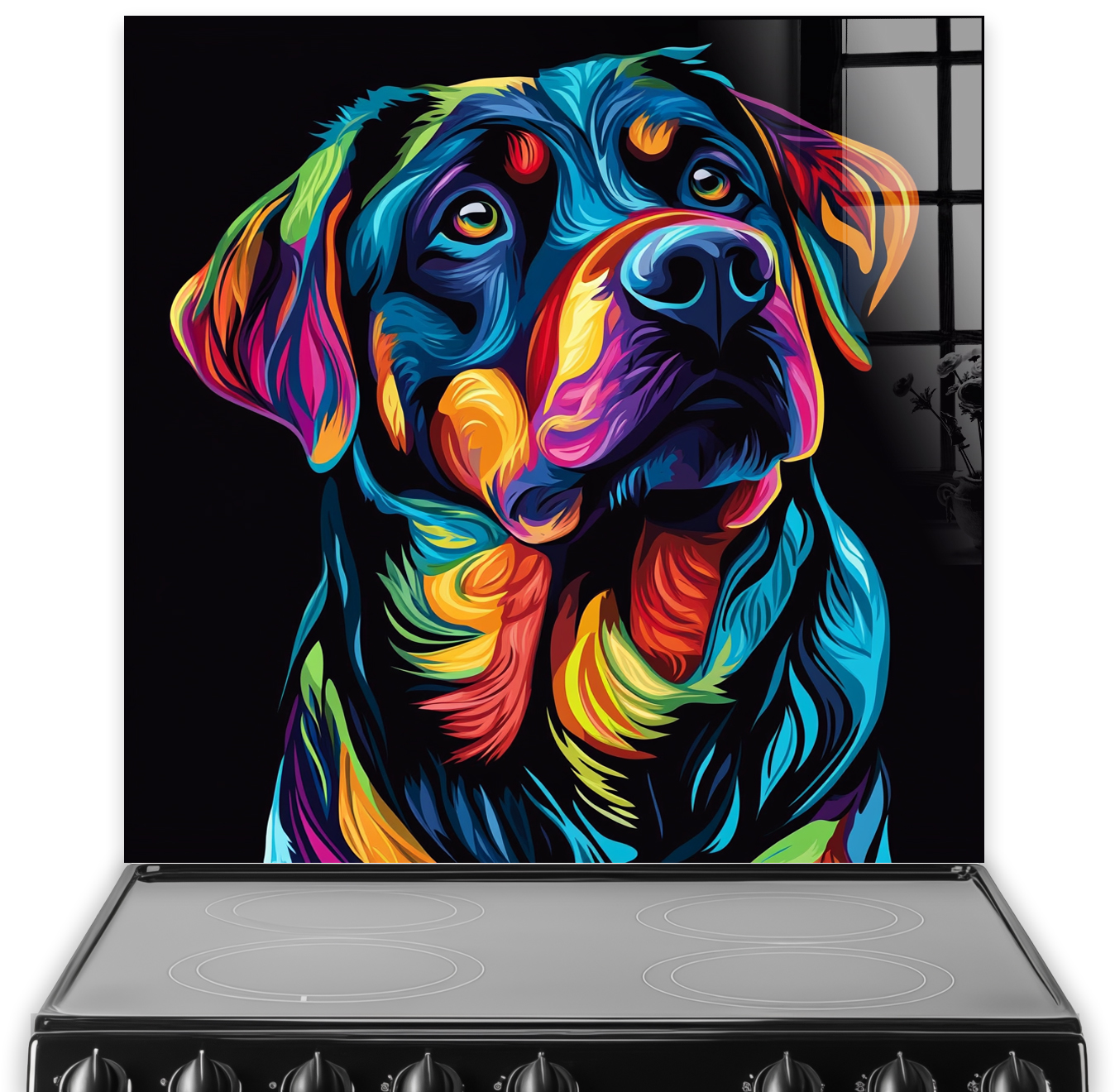 Colourful Rottweiler splashback art with neon colours