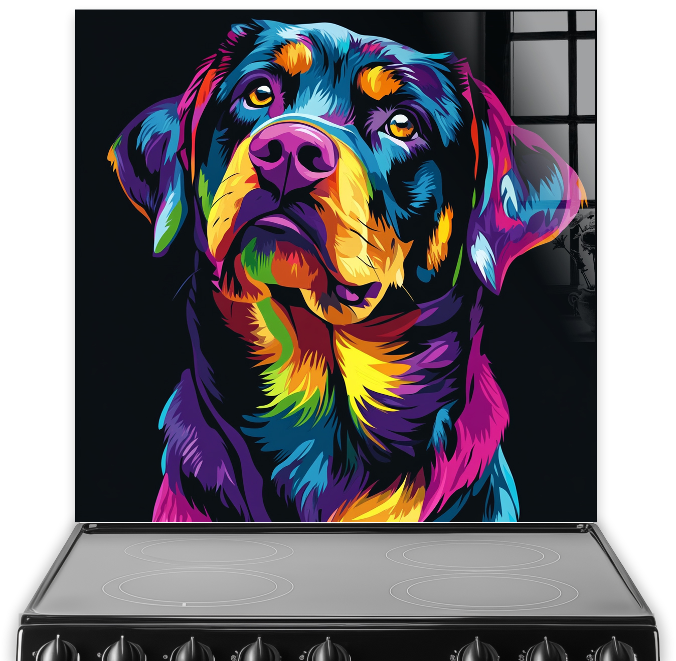 Vibrant neon Rottweiler splashback art in pop art style.