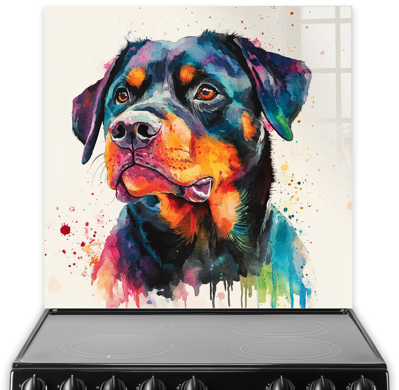 Colourful watercolour Rottweiler splashback art with bold colours