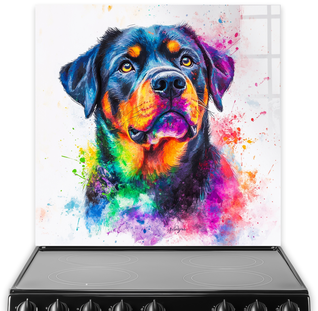 Colourful Rottweiler splashback art with abstract watercolour and splatter design.