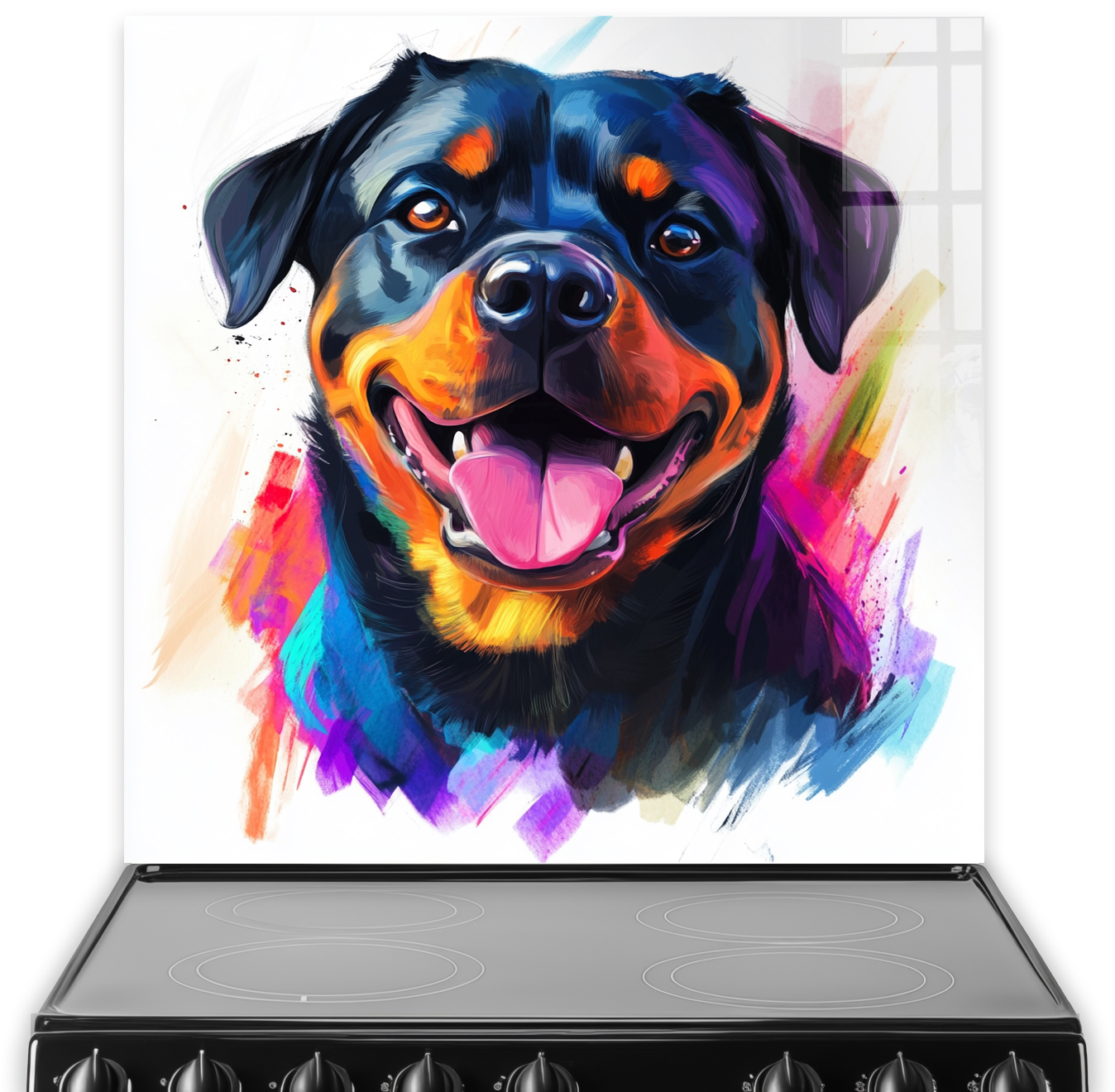 Colourful abstract Rottweiler splashback art with vivid colours.