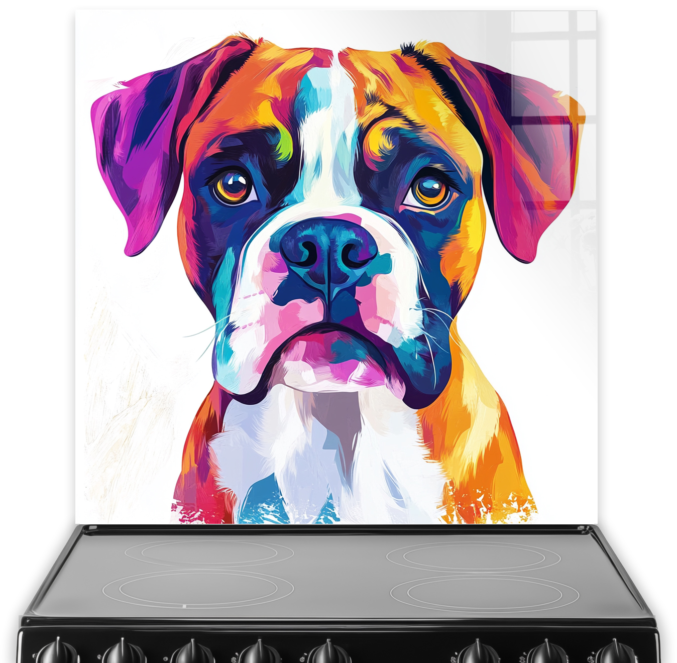 Colourful Boxer dog splashback art with vibrant orange, blue, and purple hues.
