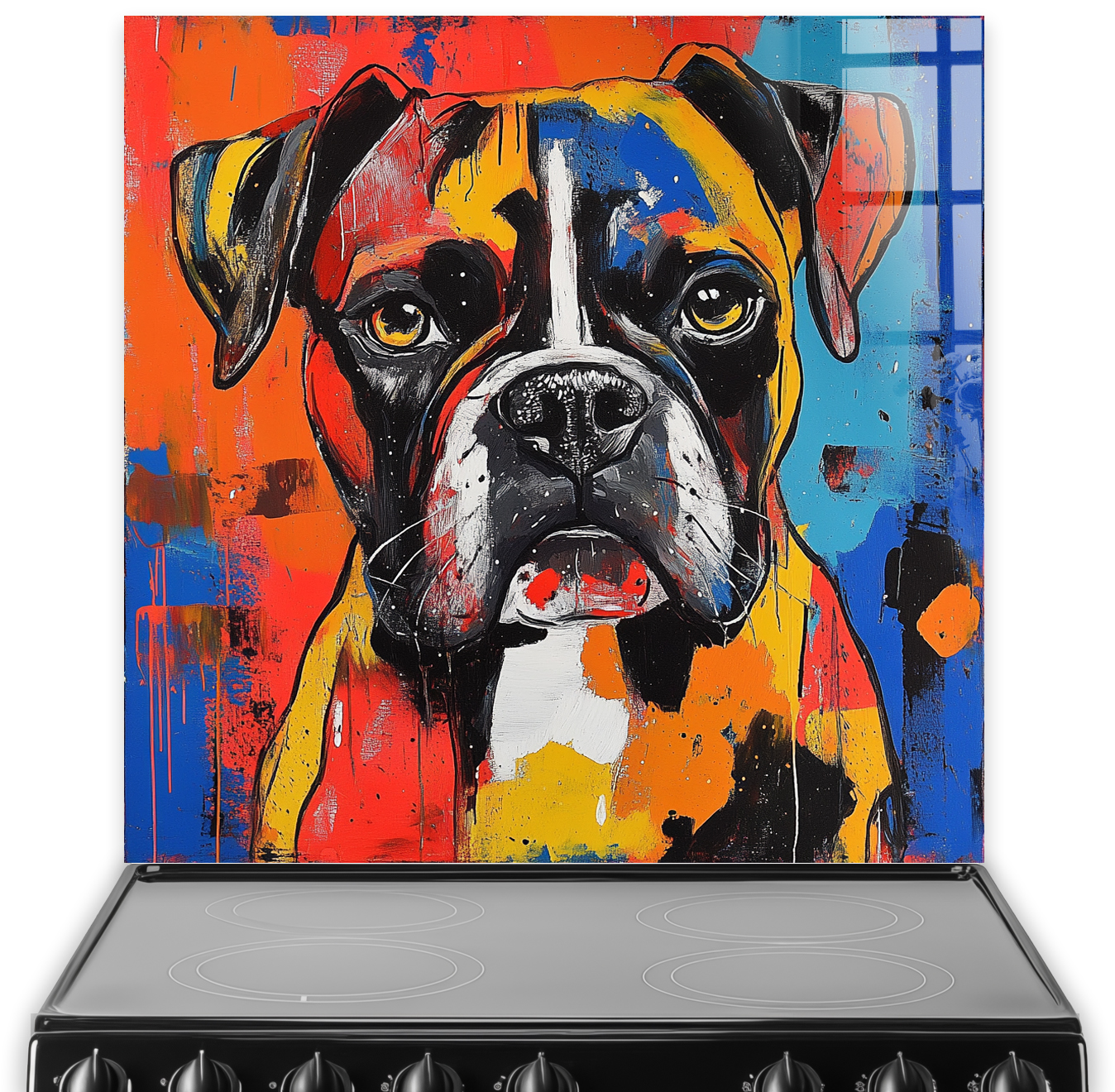 Graffiti-style Boxer dog splashback with vibrant colours