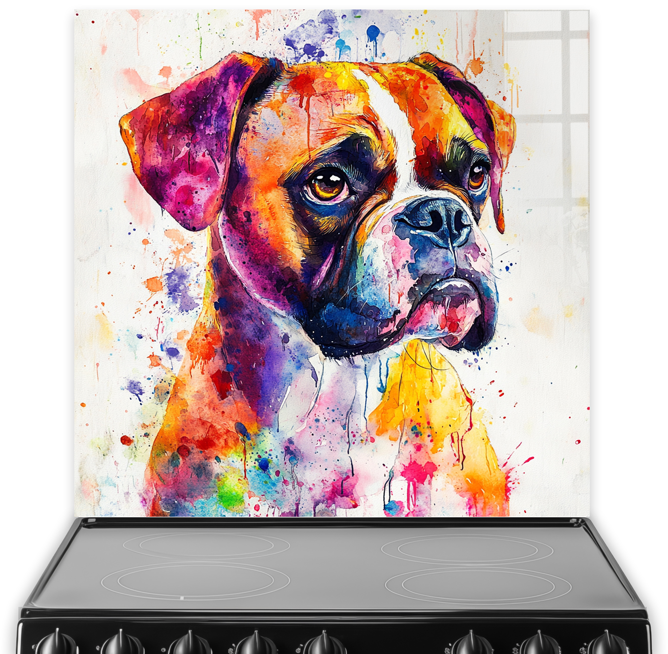 Colourful Boxer splashback art with vibrant blue, orange, yellow, and purple shades.