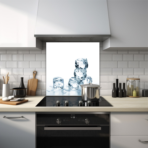 Stacked ice cubes melting glass splashback design.