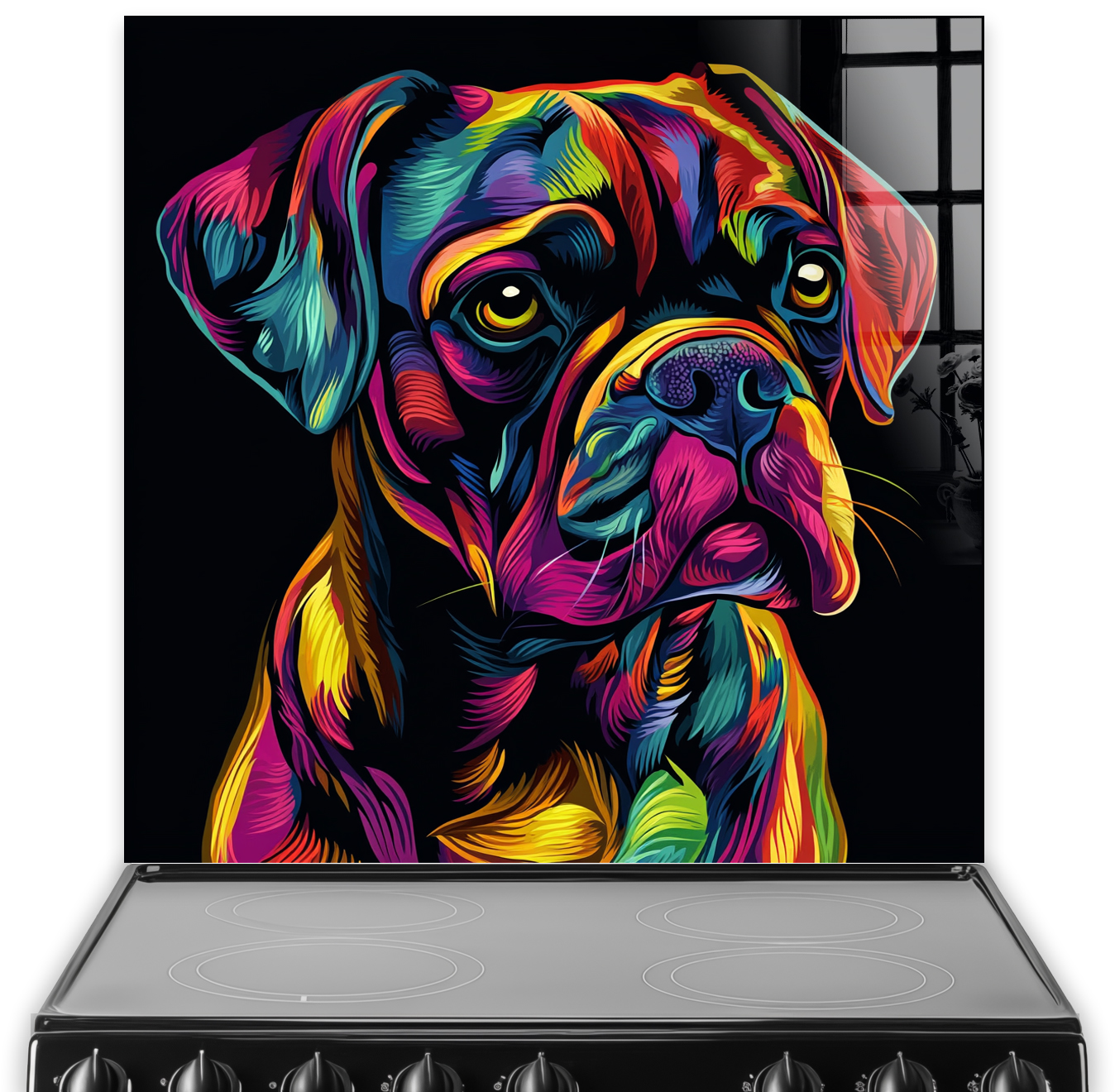 Colourful pop art style Boxer splashback with neon shades.