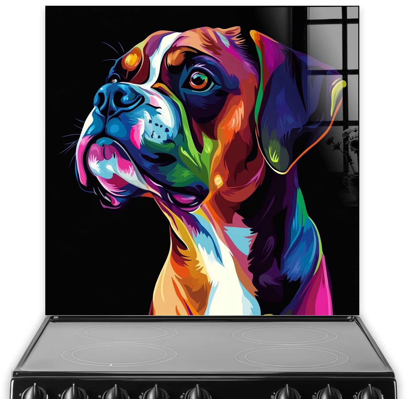 Colourful Boxer dog in neon pop art style splashback.