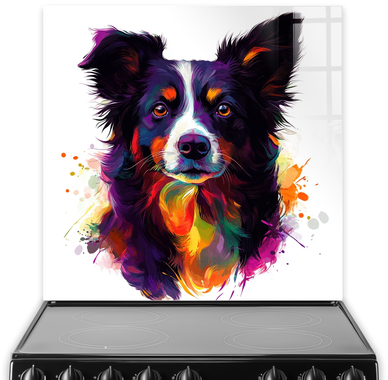 Colourful abstract Border Collie splashback art with vibrant purples, oranges, and yellows.