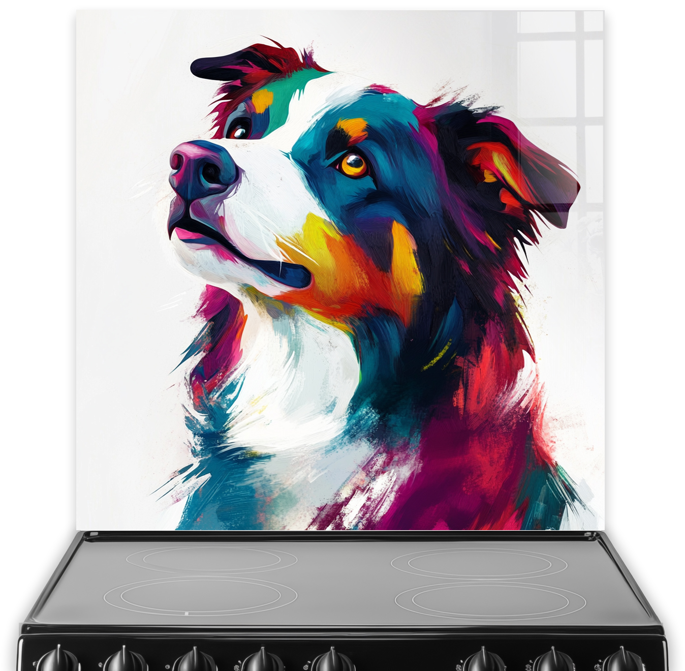 Vibrant impressionistic Border Collie splashback art with reds, blues, and yellows.