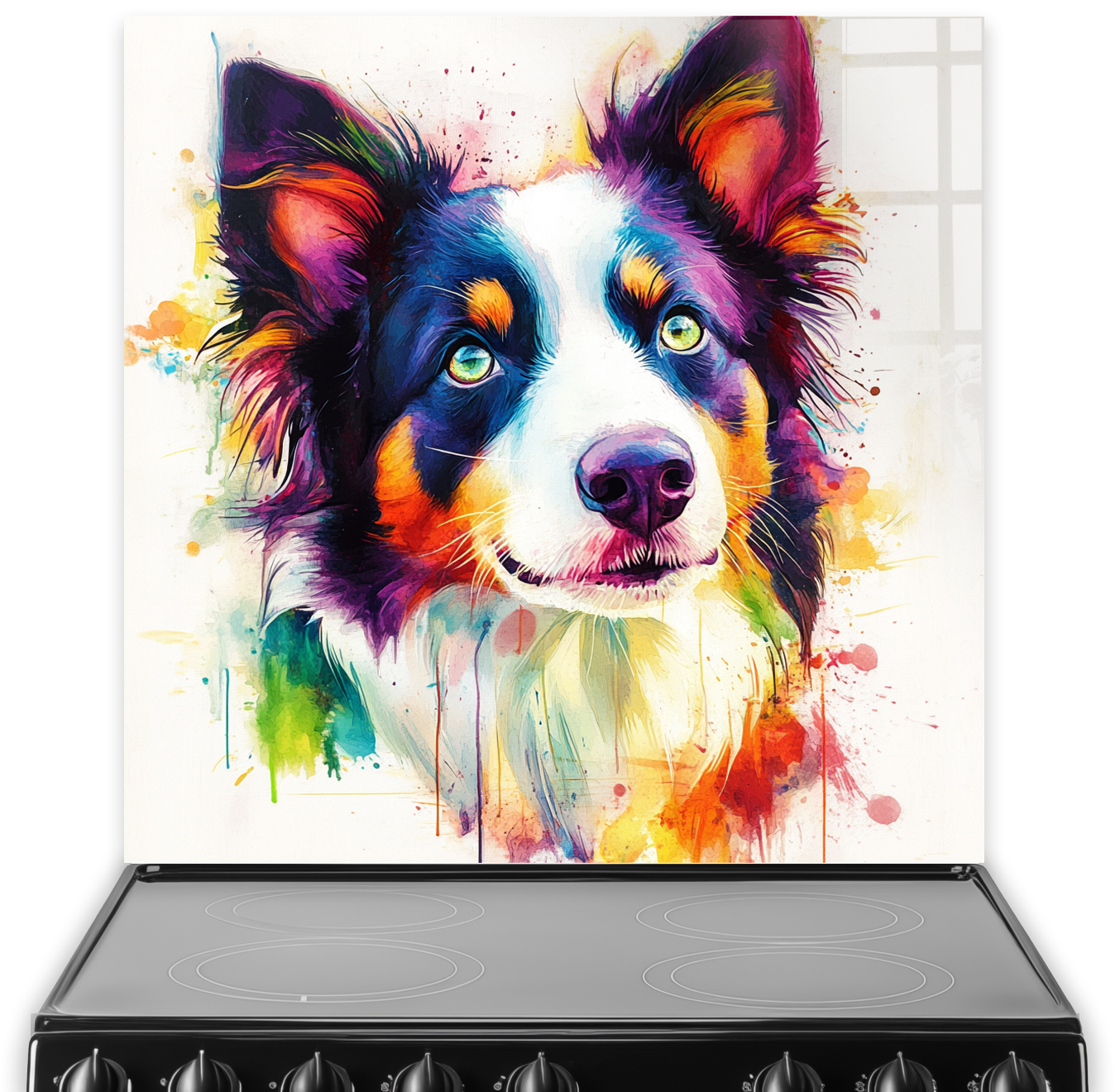 Vibrant Border Collie splashback art with blues, purples, oranges, and yellows.