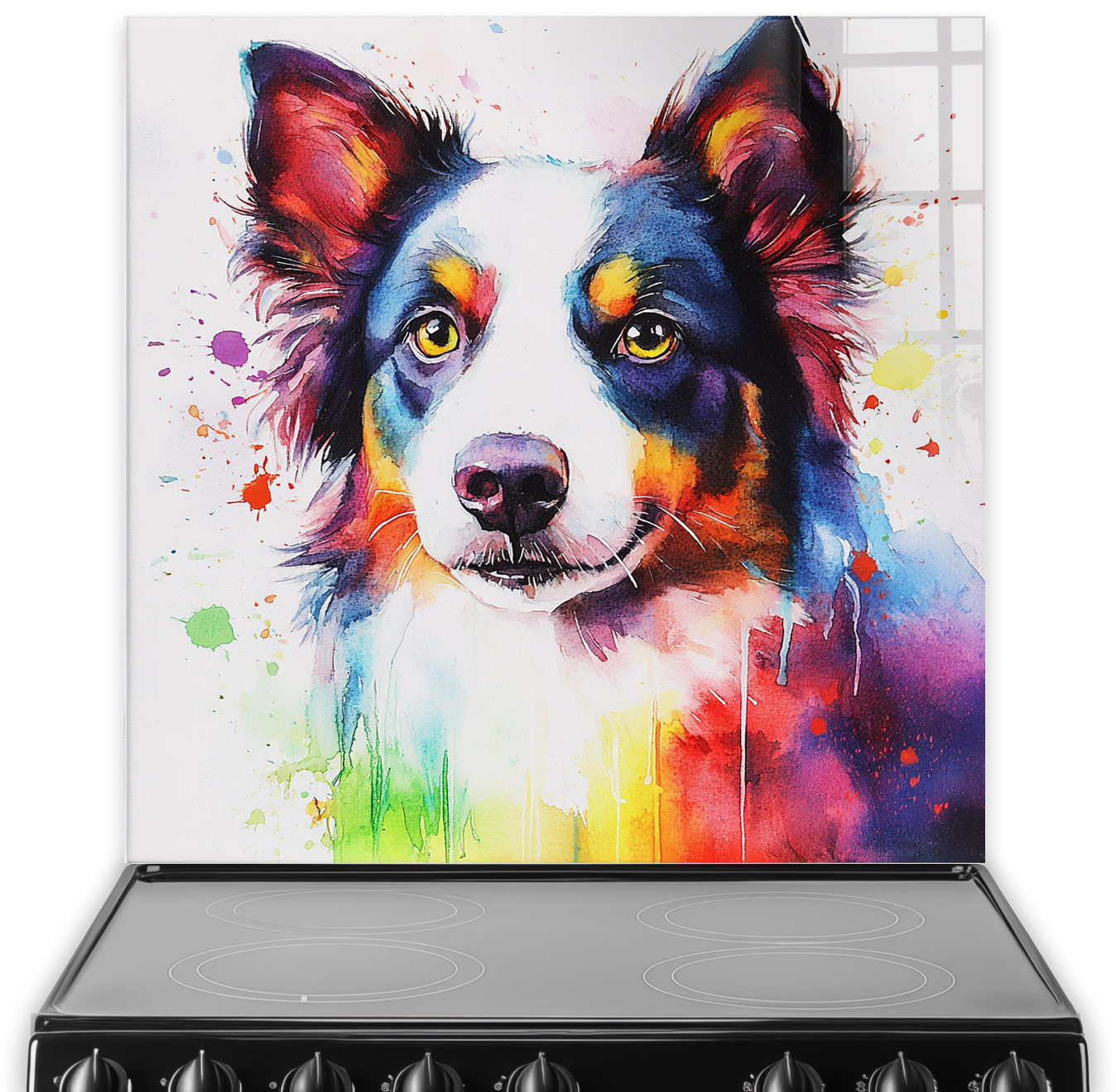 Colourful Border Collie splashback art with vibrant blue, purple, orange, yellow, and green hues.