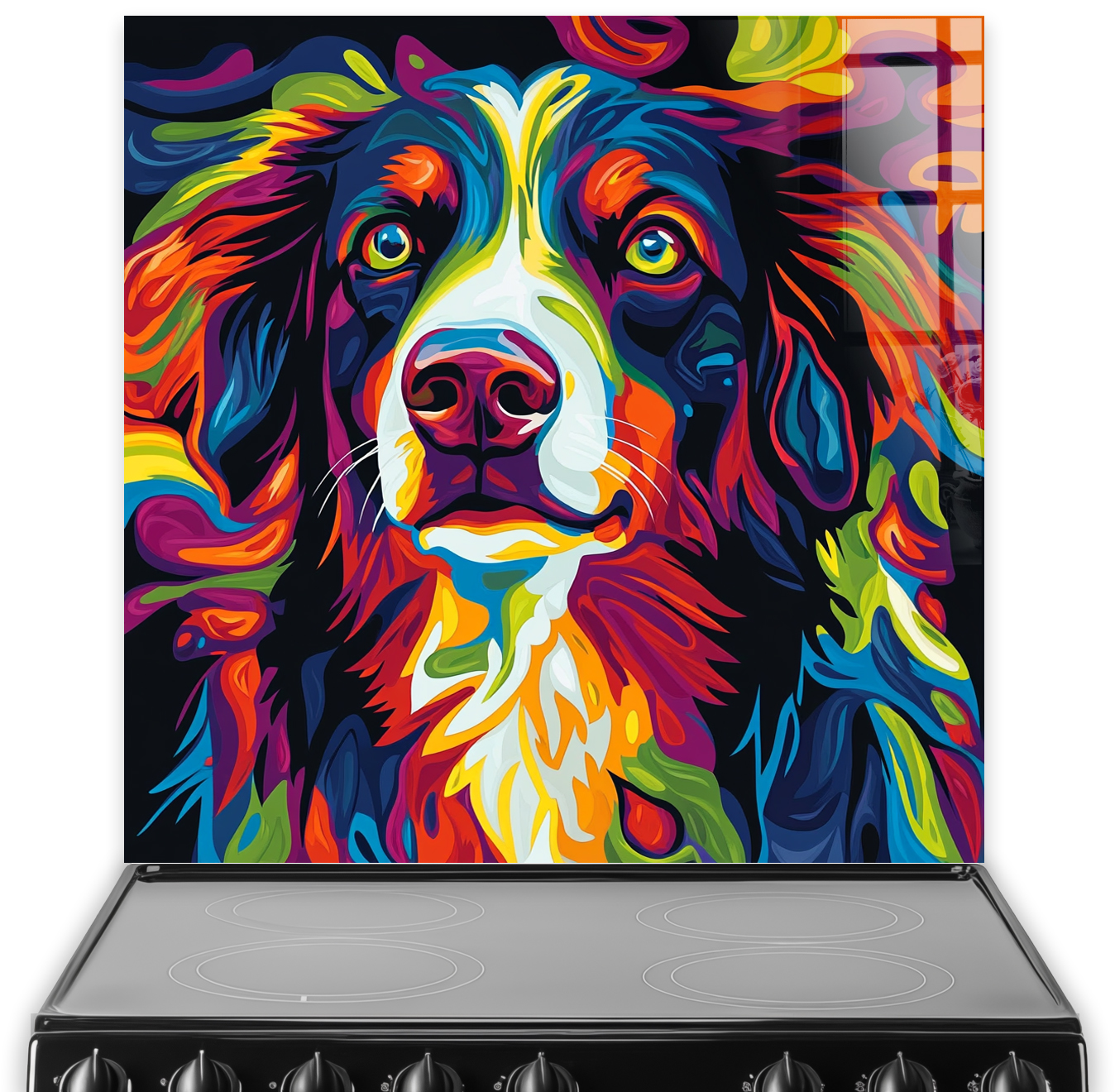 Colourful psychedelic Border Collie splashback art with bold reds, blues, yellows, and oranges.
