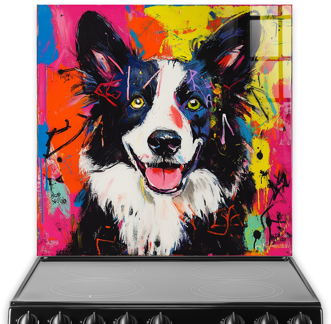 Colourful Border Collie graffiti style splashback art with pink, yellow, and orange.