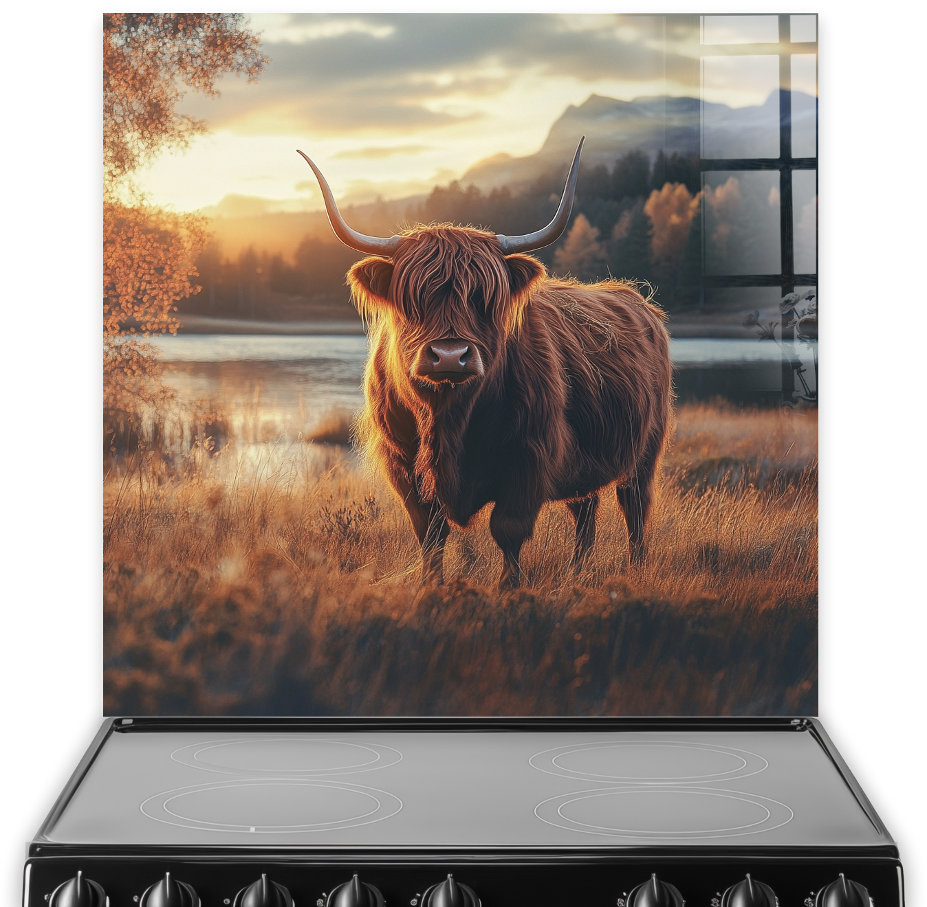 Highland Cow splashback art with golden hour colours