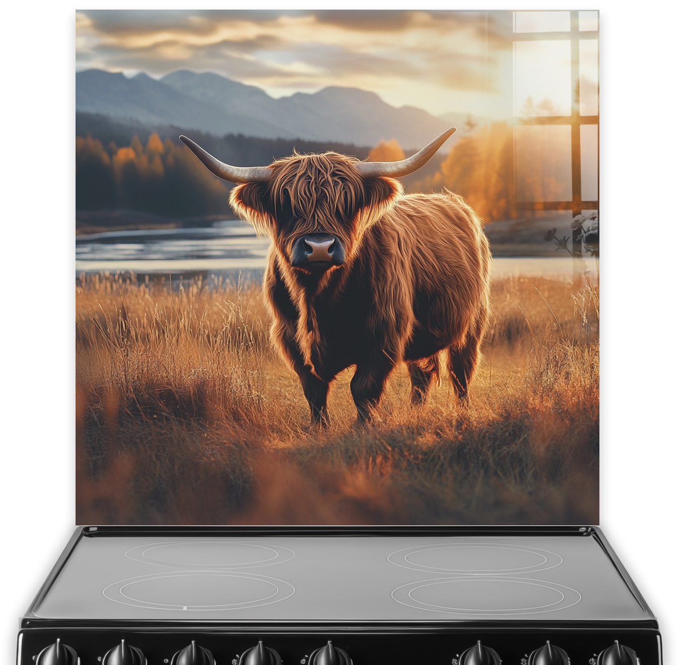 Highland Cow splashback art with mountains and loch.