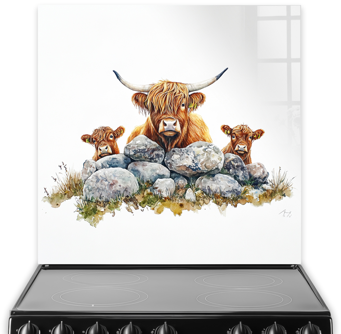 Highland Cows and Stone Wall splashback art titled 