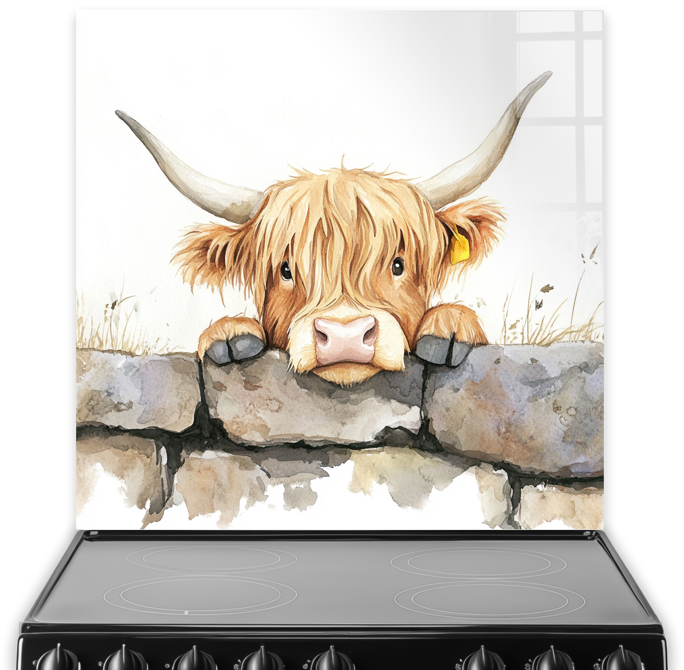 Highland cow peeking over stone wall splashback art in watercolour style.