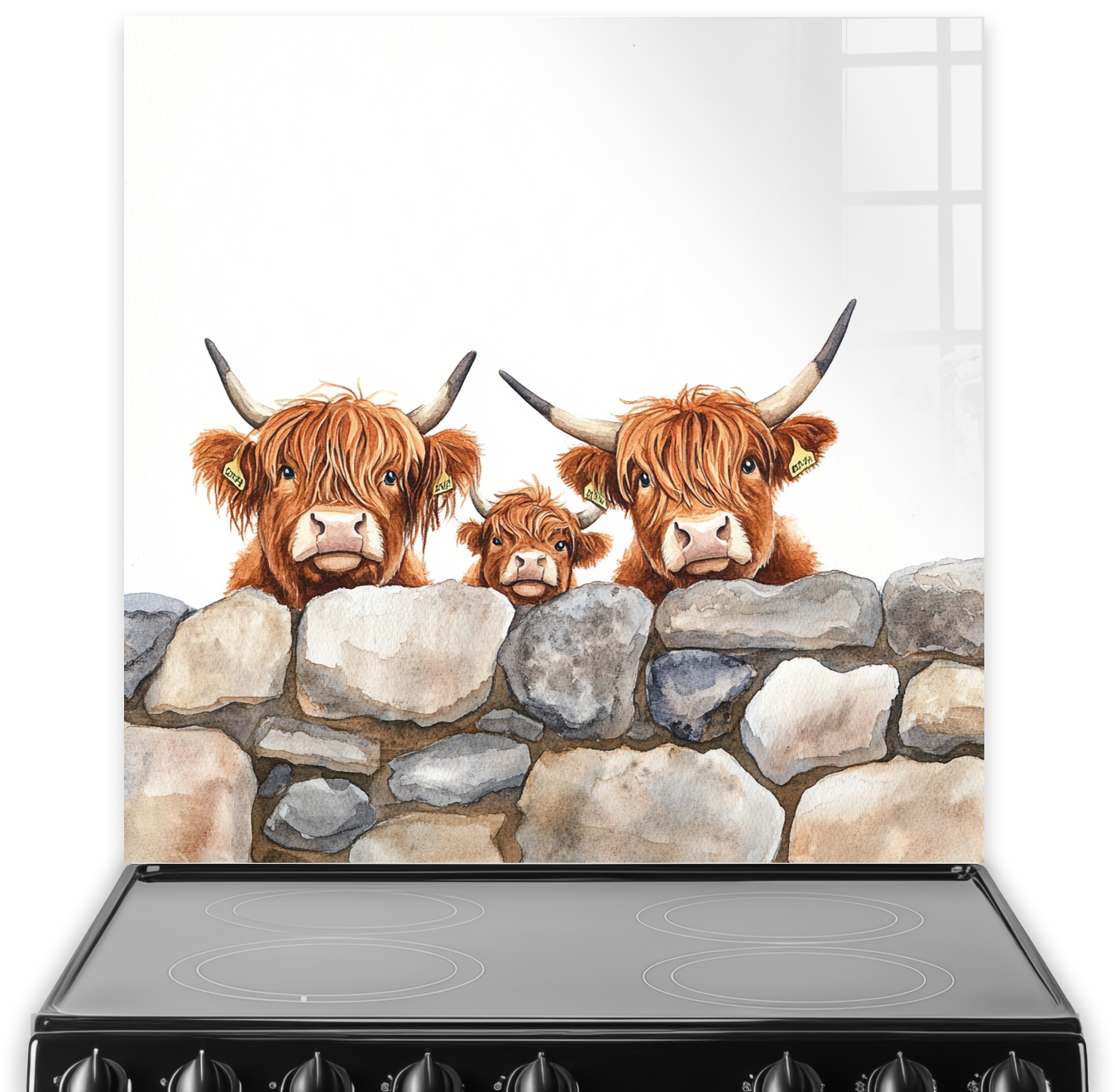 Highland cows behind a stone wall in whimsical splashback design.