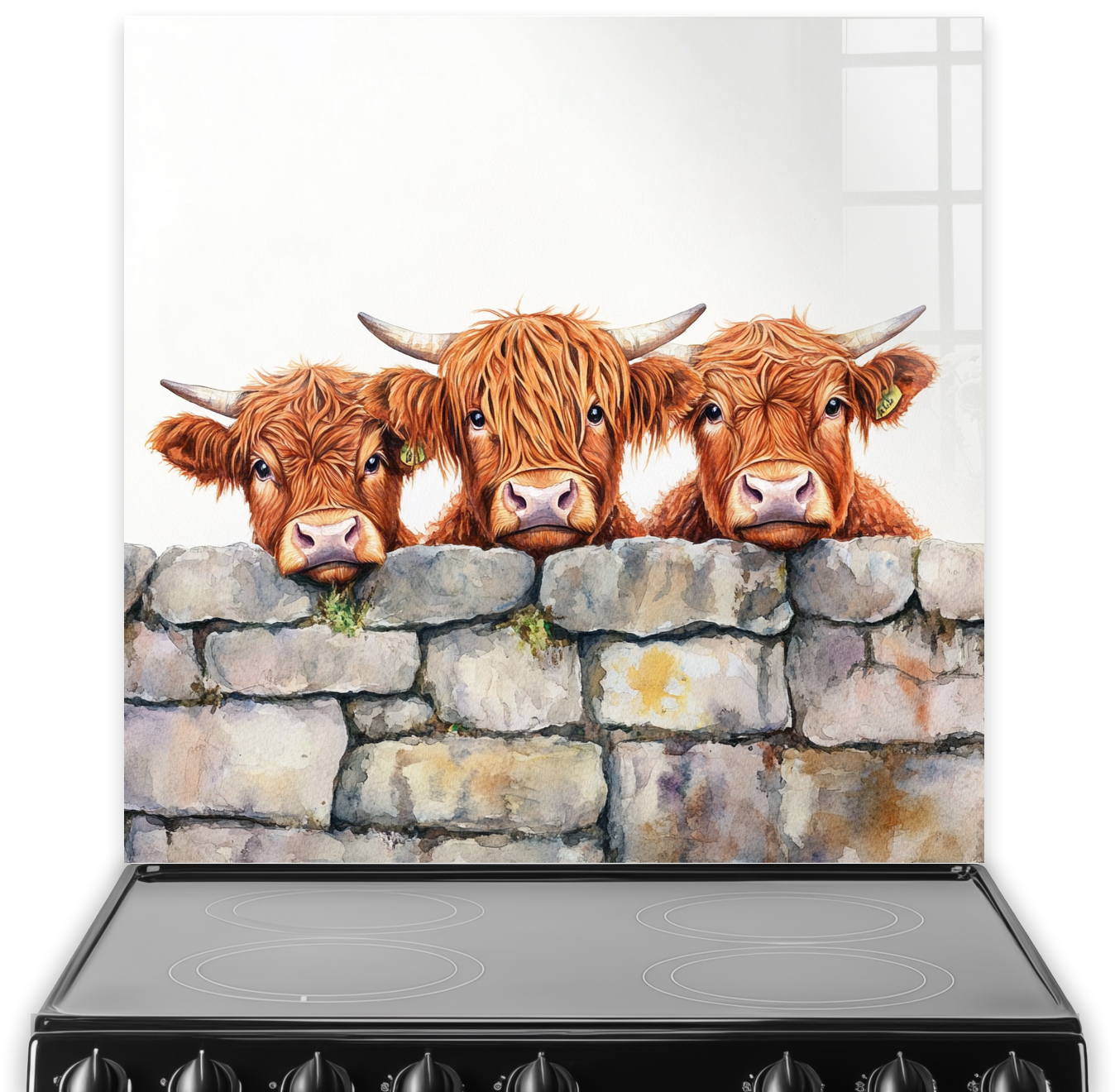 Highland cows peering over a stone wall printed splashback art