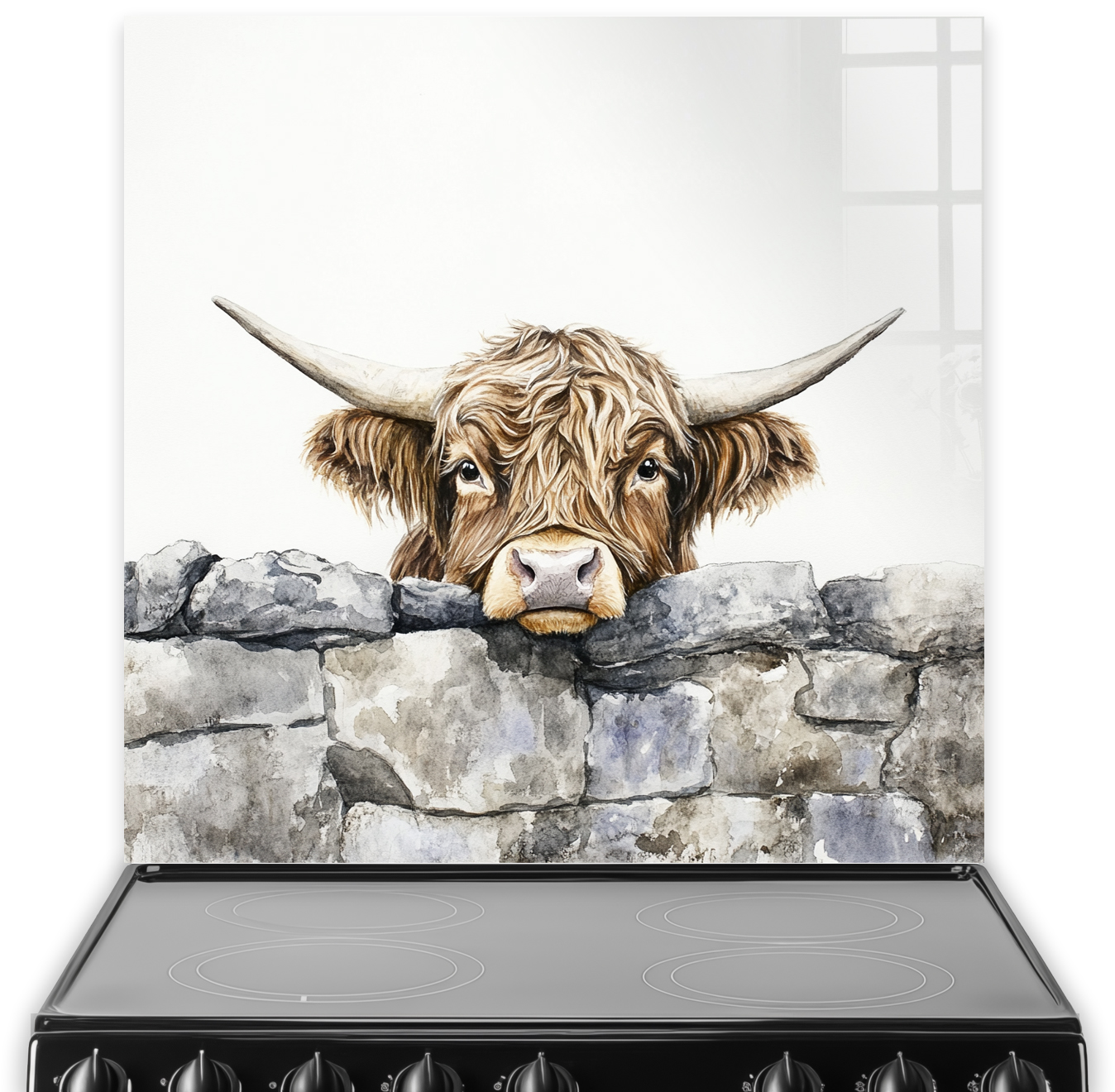 Highland cow looking over a stone wall splashback art.