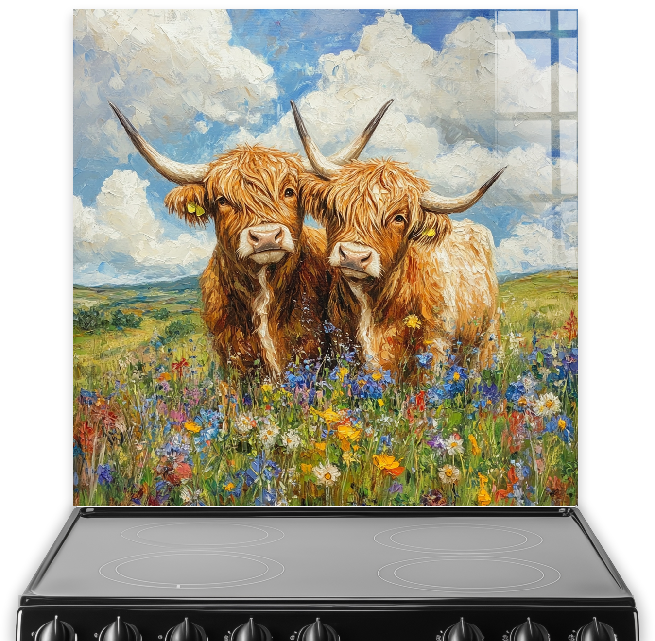 Highland cows standing in a field of colourful wildflowers under a blue sky.