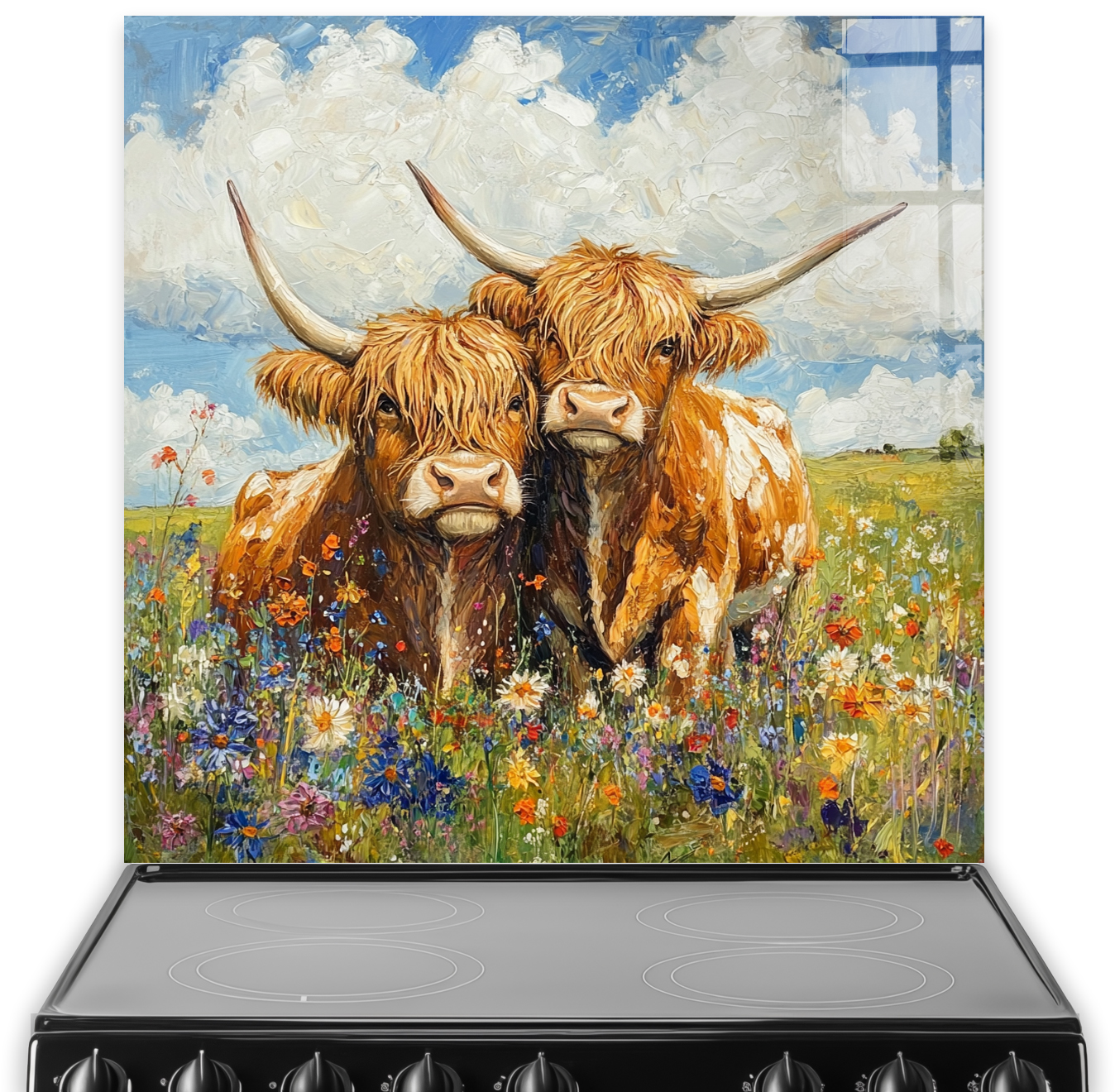 Highland cows and wildflowers splashback with vibrant colours.
