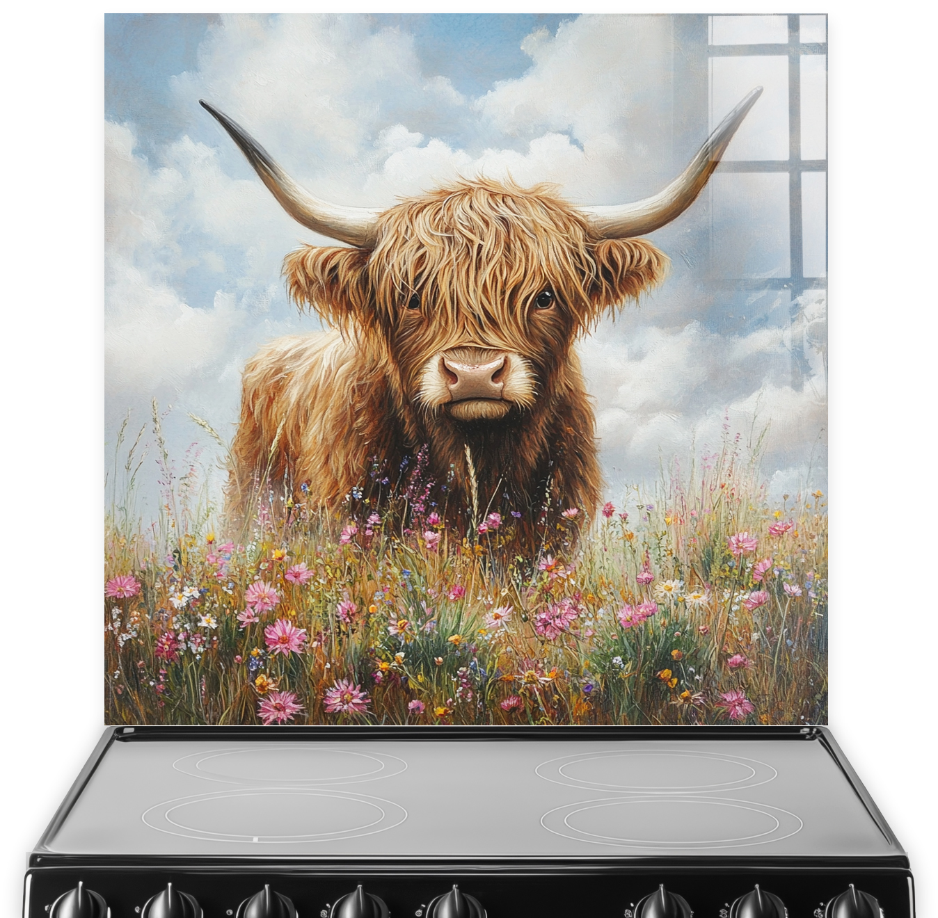 Artwork of Highland cow with wildflowers and blue sky.