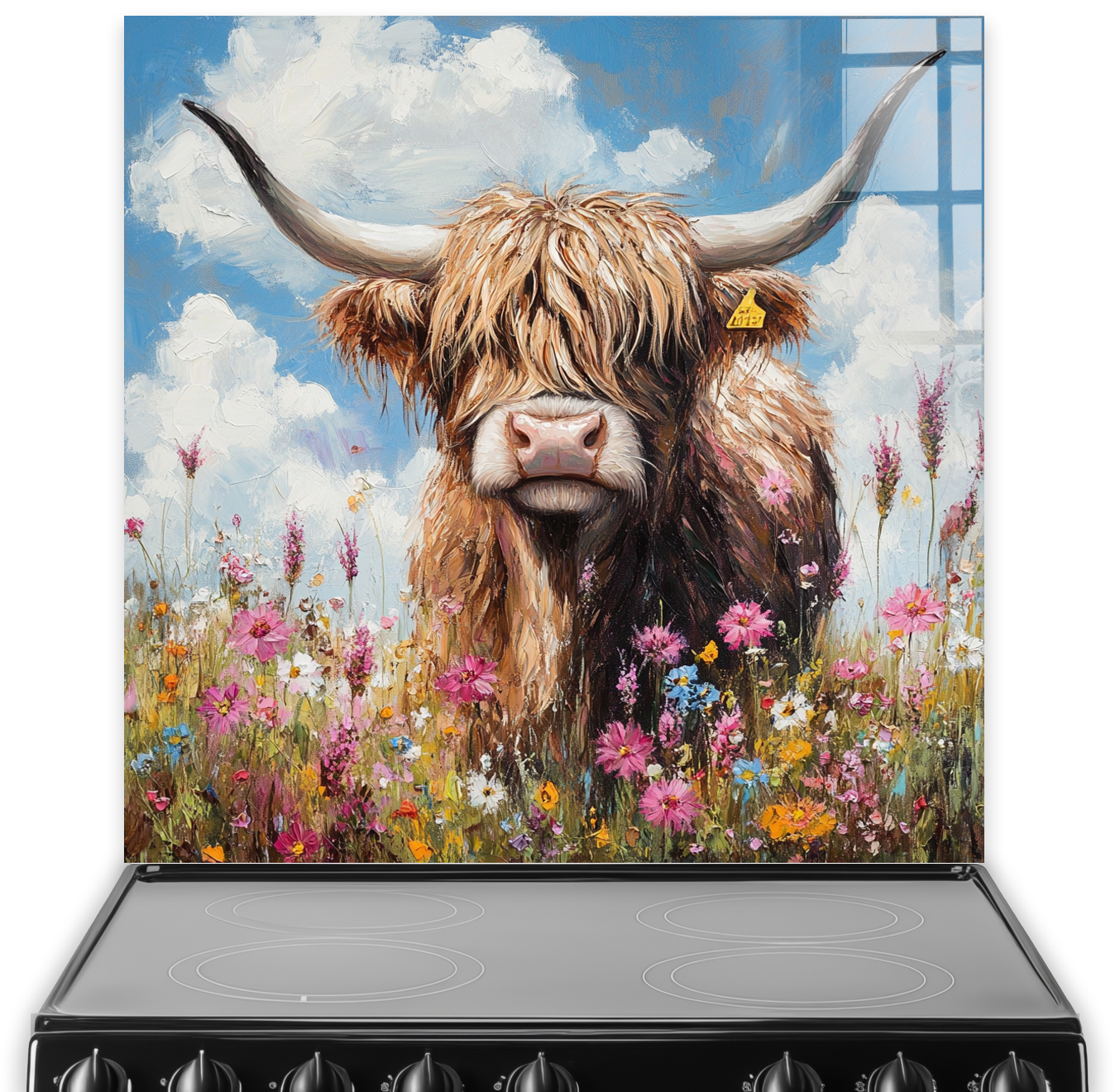 Highland cow with wildflowers in vibrant, colourful art splashback.