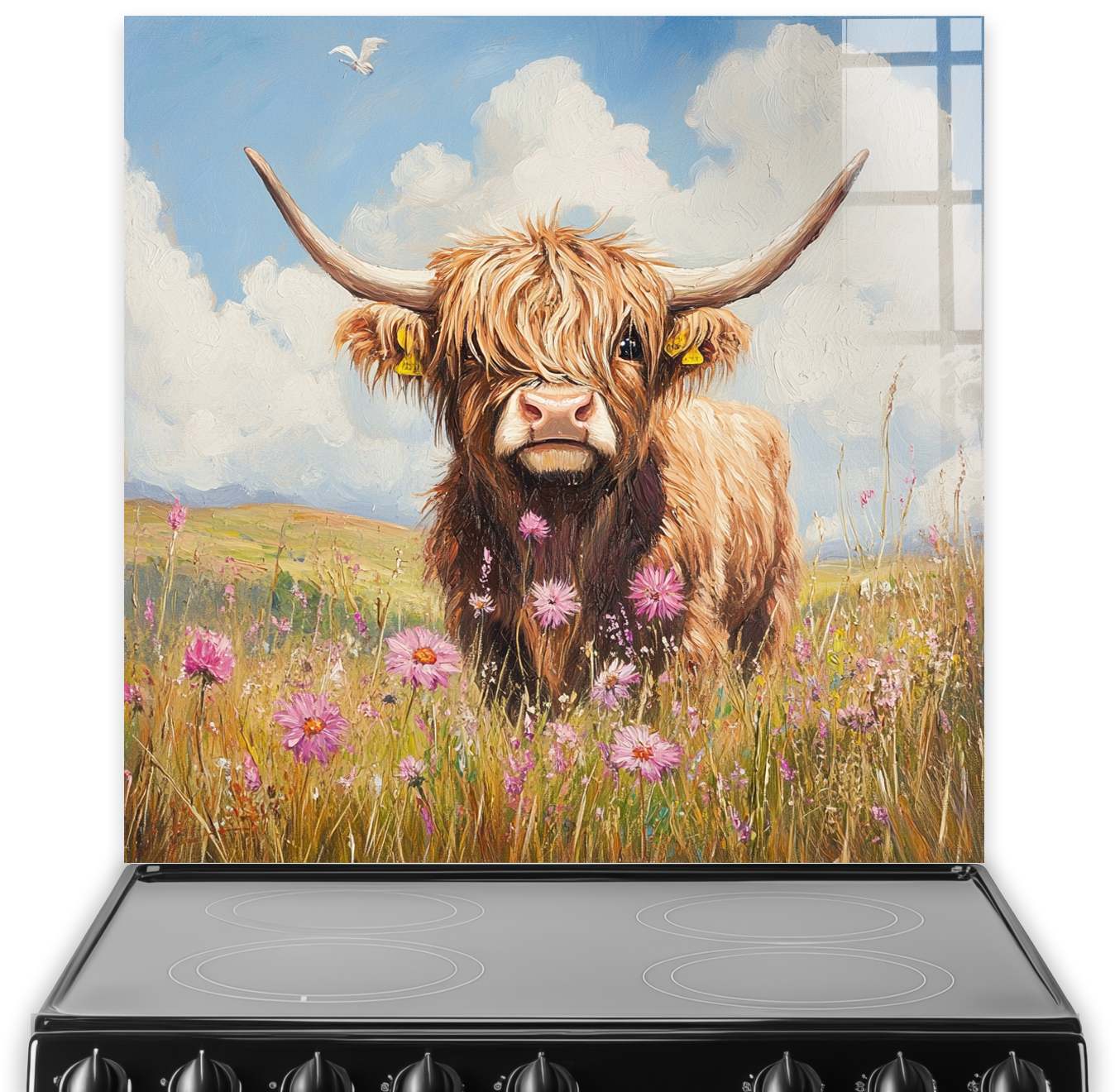 Highland cow in meadow with wildflowers and blue sky.