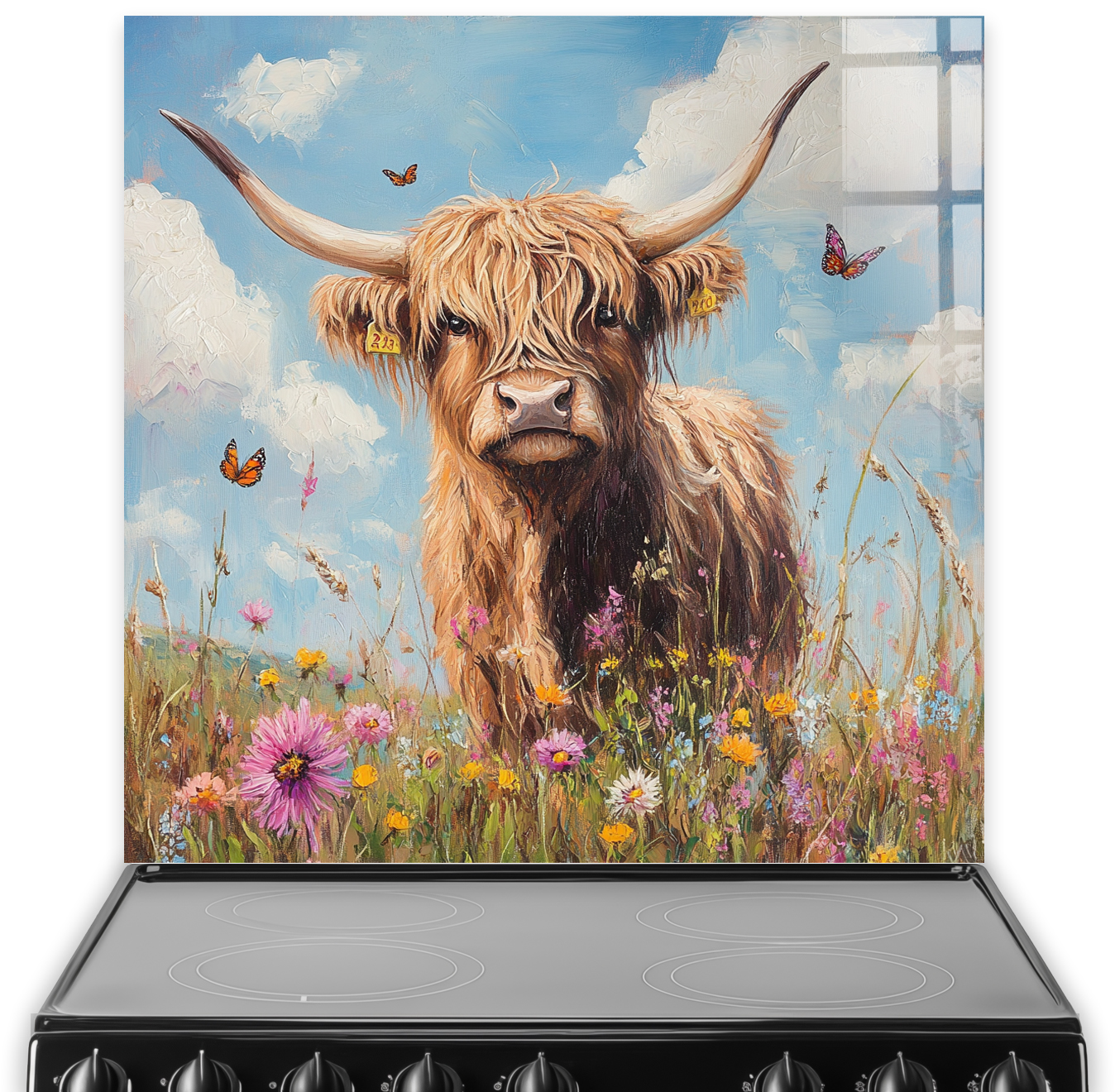 Highland cow with wildflowers and butterflies splashback art