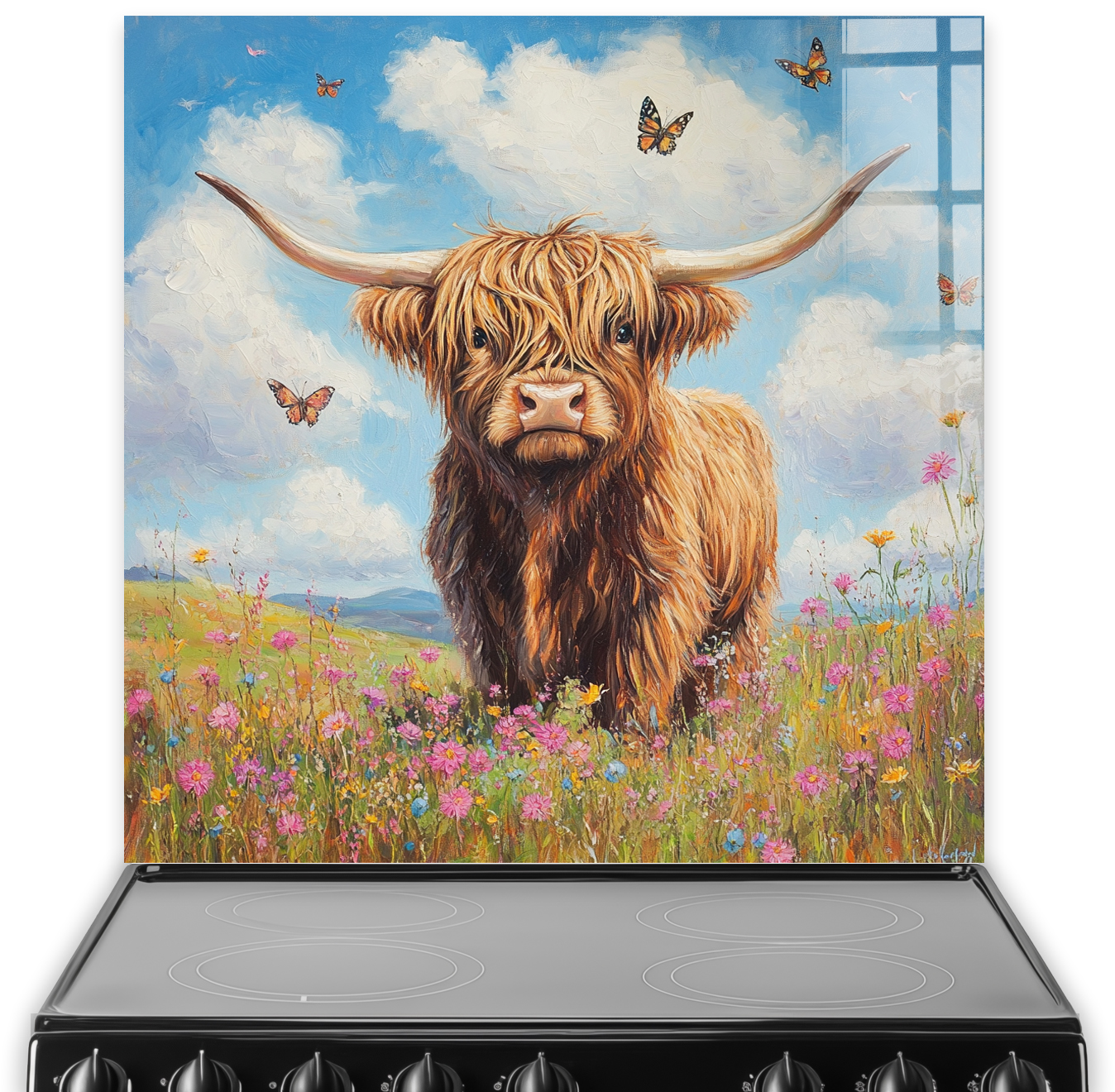 Highland cow in wildflowers with butterflies in art splashback