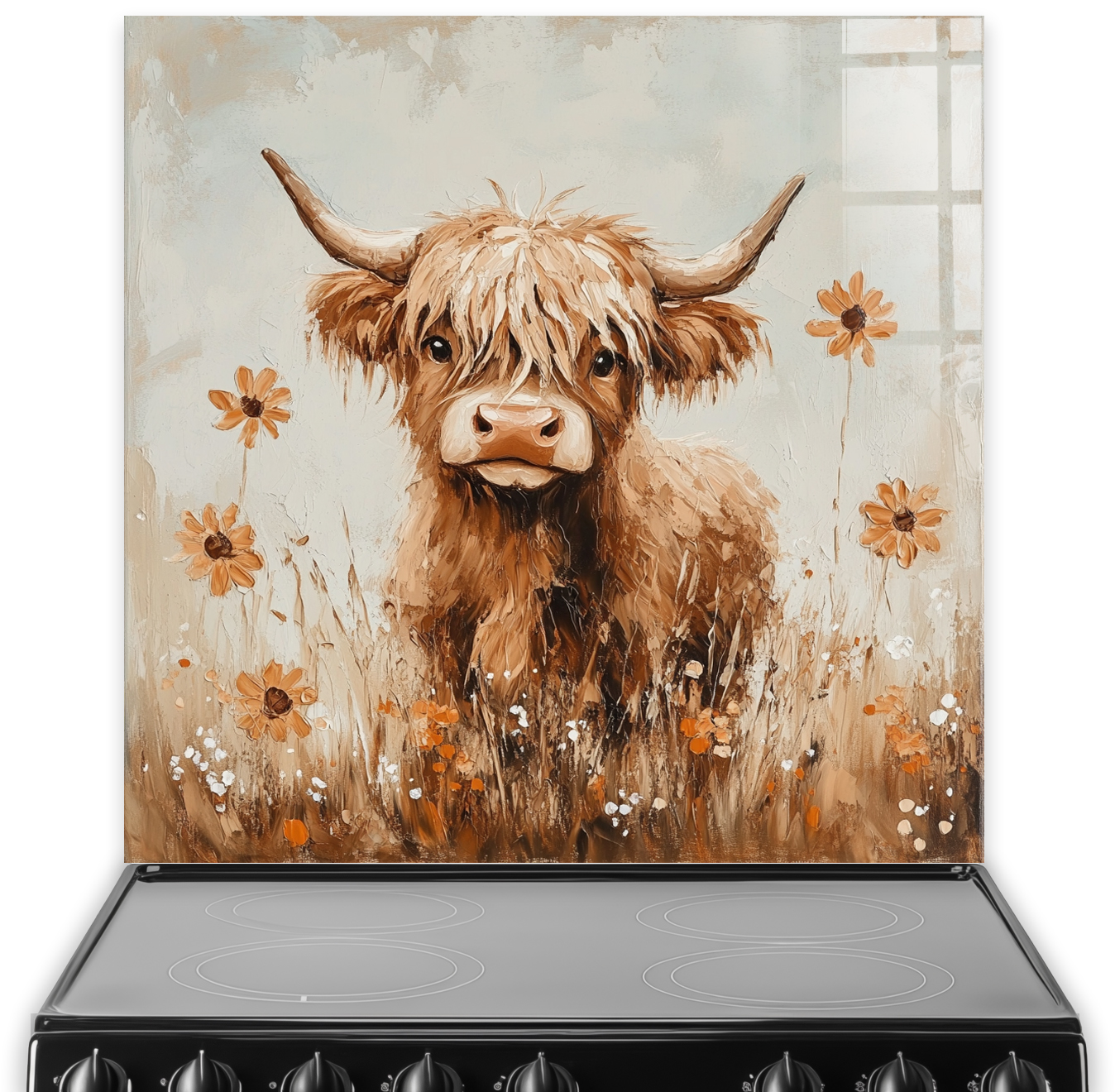 Highland cow with wildflowers splashback art in earthy tones