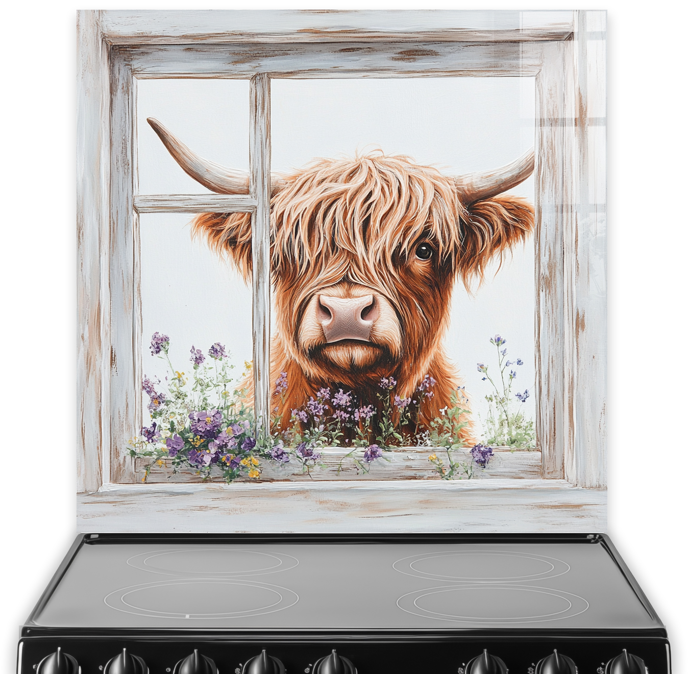 Highland cow looking through a window with flowers, rustic art style.