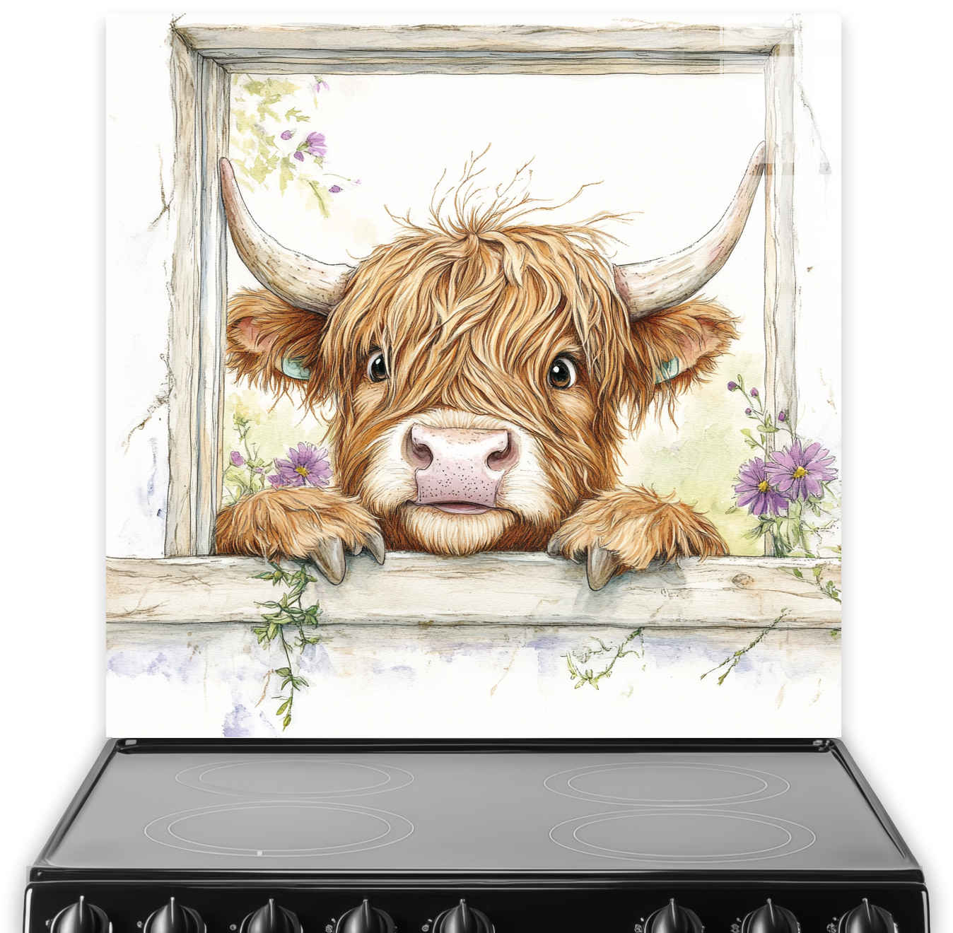 Highland cow peeking through a window splashback with flowers in soft colours.