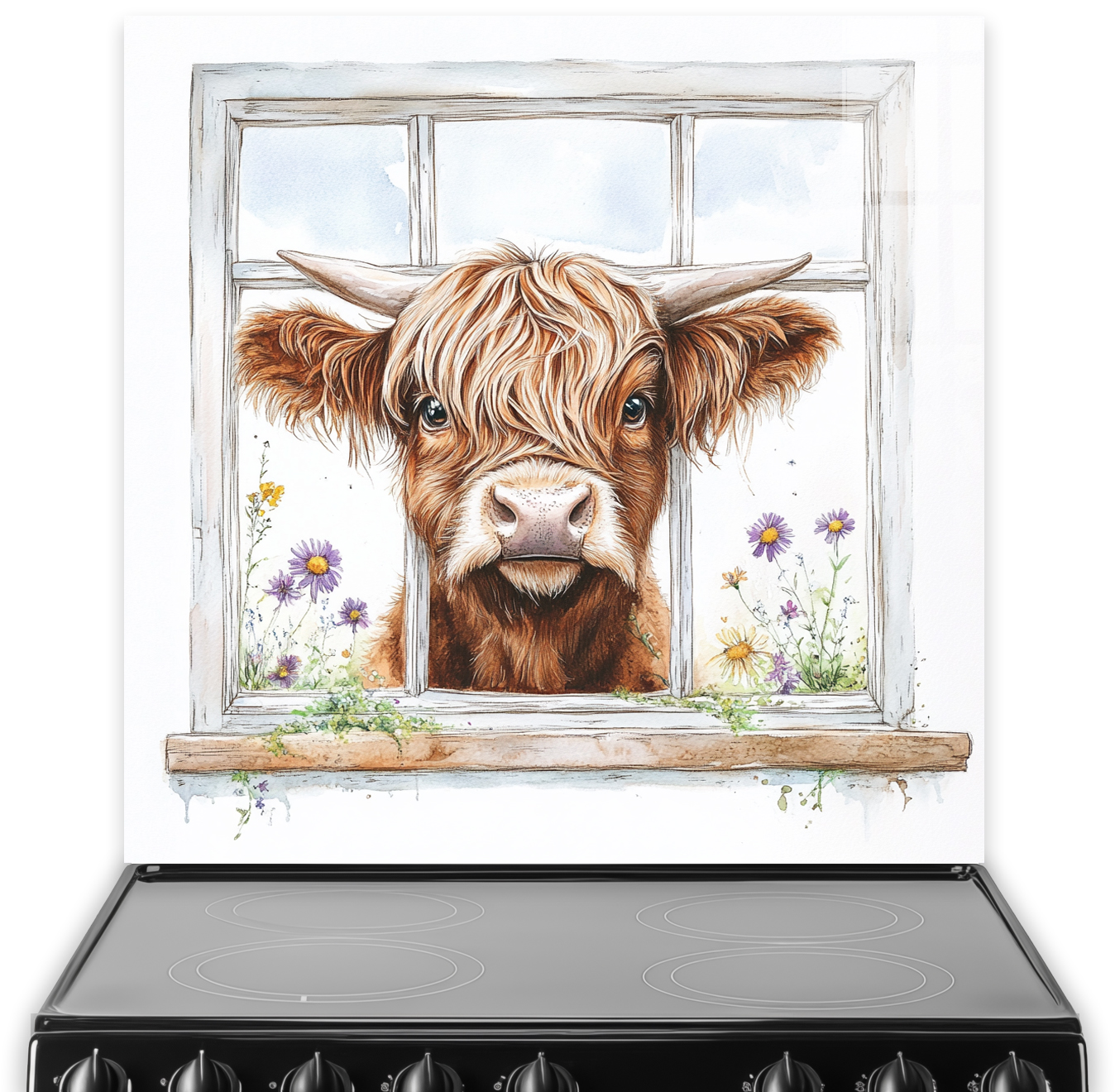 Highland Cows looking through window with wildflowers splashback art
