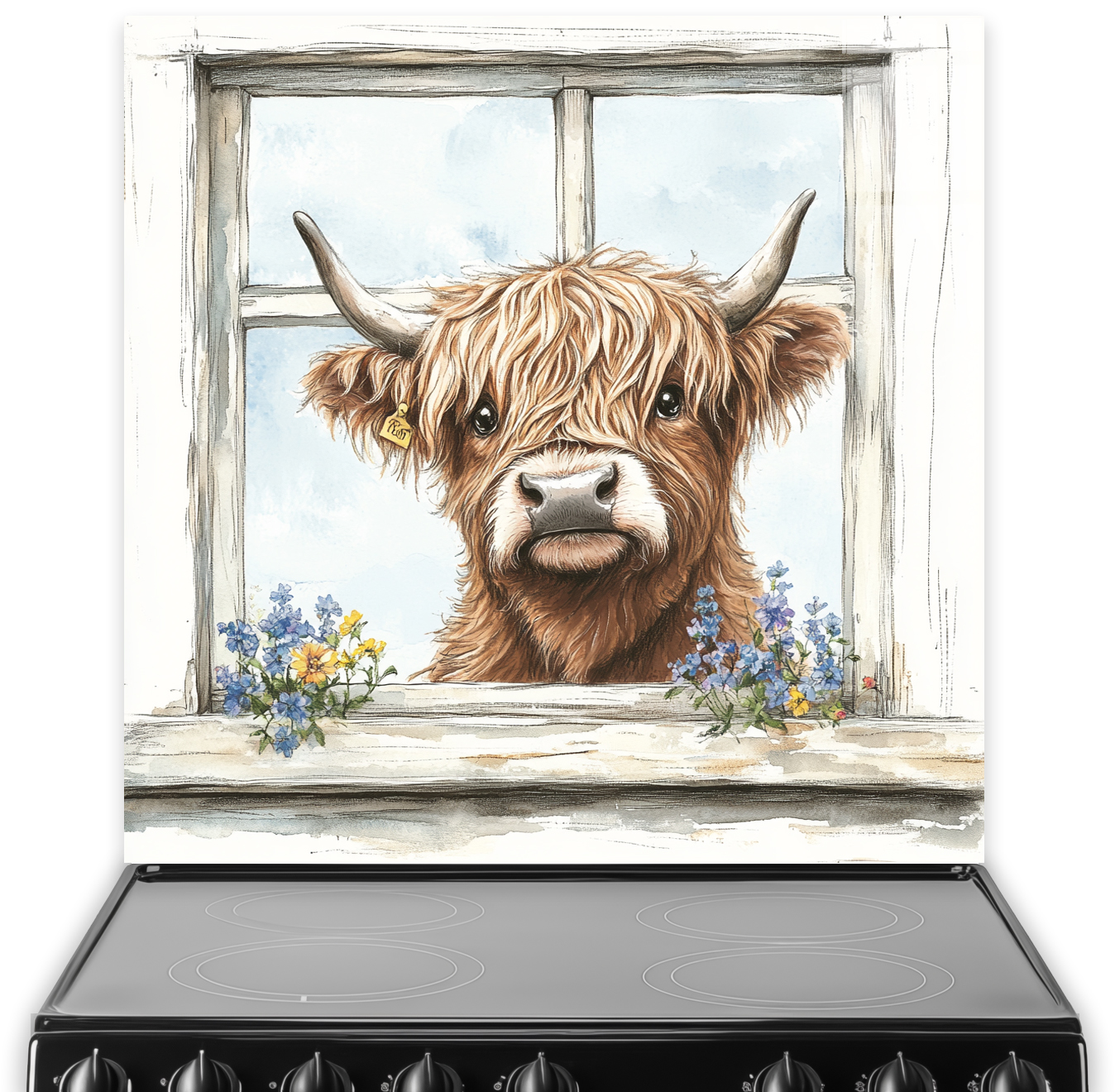 Highland cow looking through a window with blue and yellow flowers.