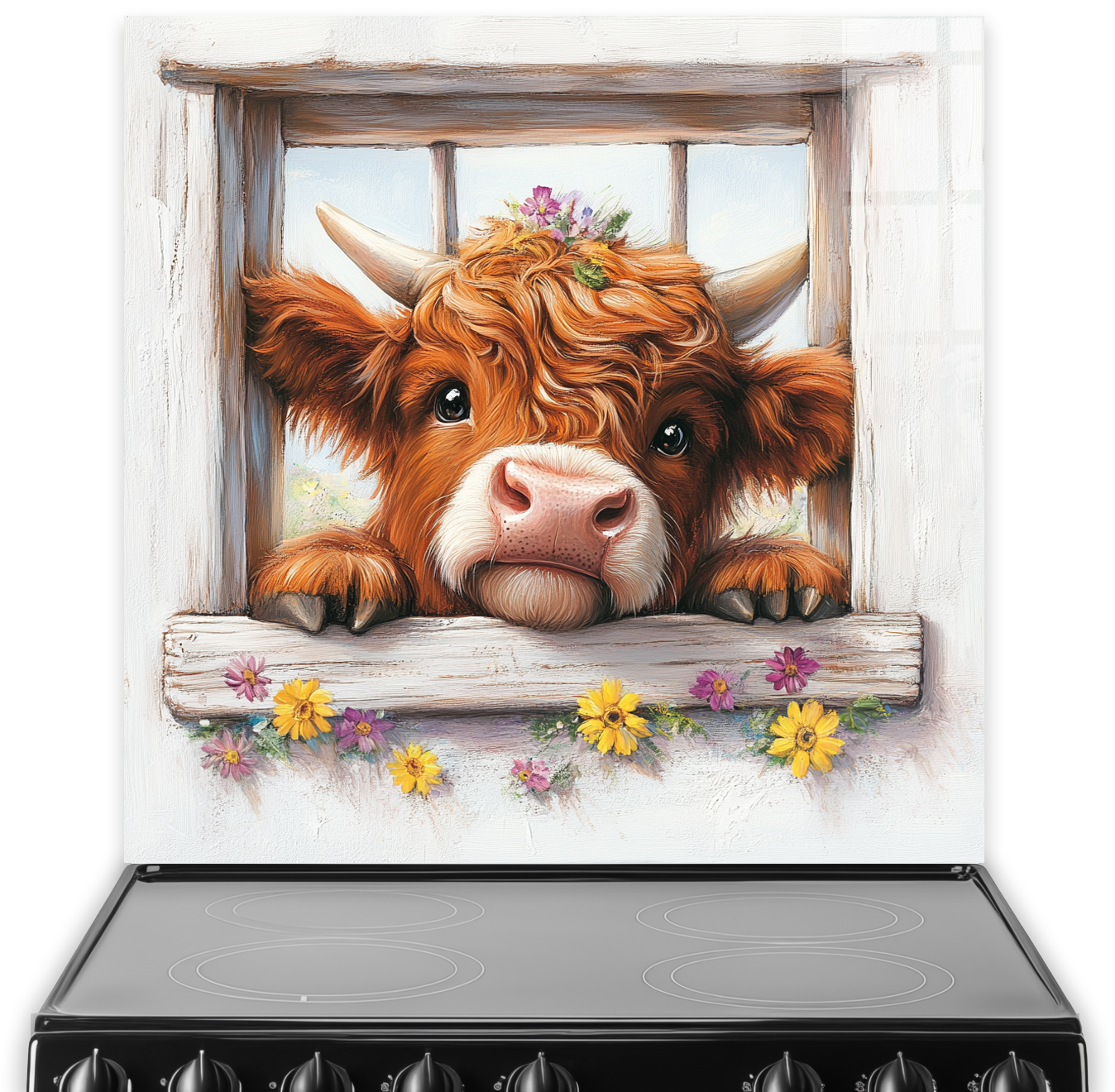 Highland cow looking through window with flowers in vibrant art style splashback.