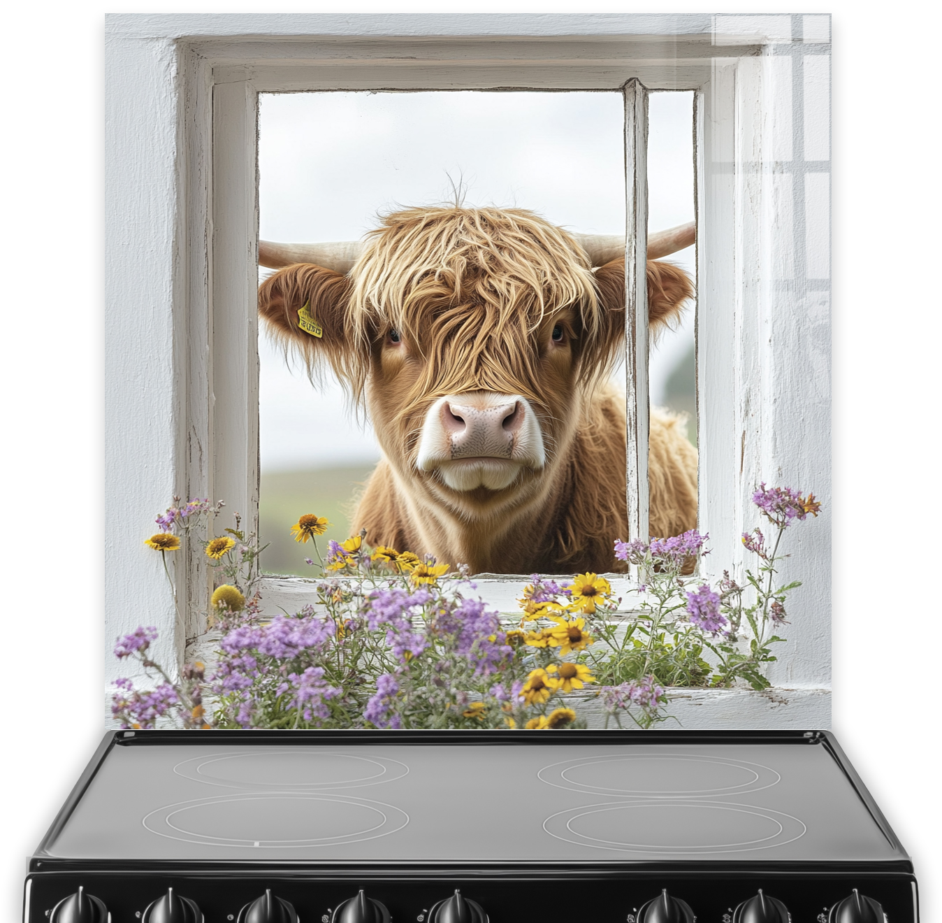 Highland cow looking through window with wildflowers.