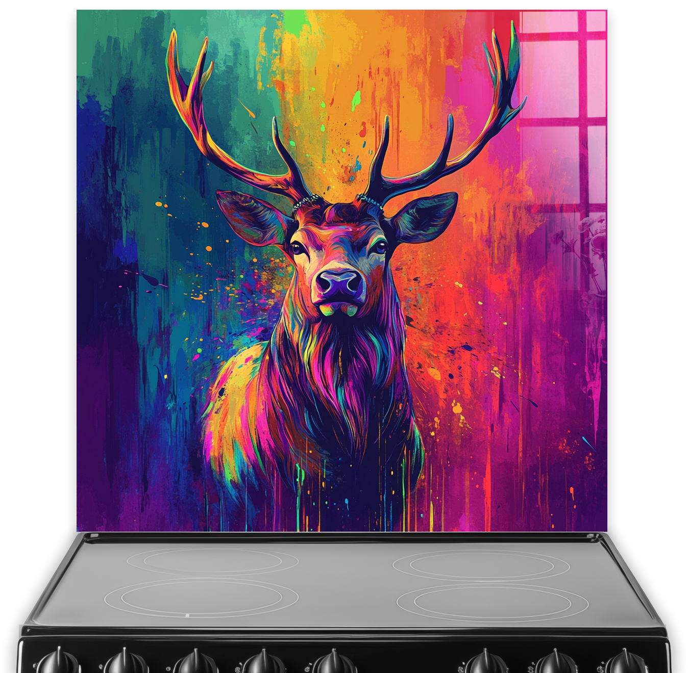 Colourful artistic stag printed kitchen splashback with vibrant neon background