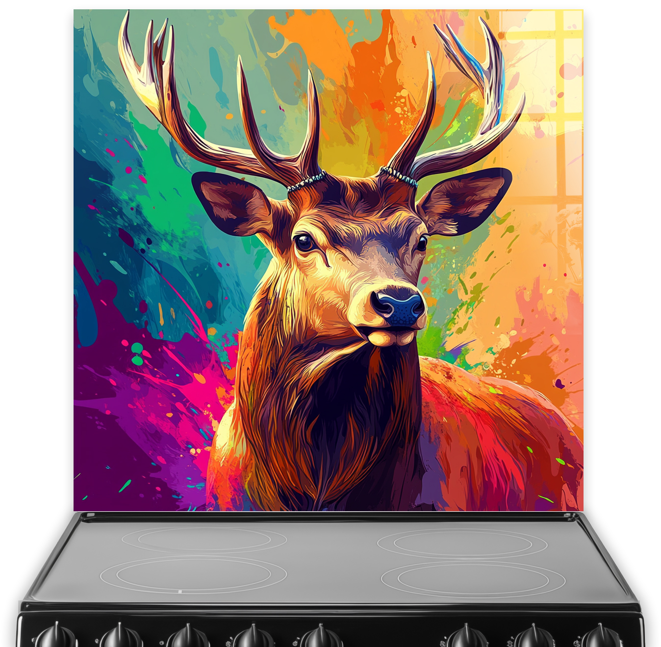 Colourful digital painting of a stag printed splashback with bold abstract colours and modern style