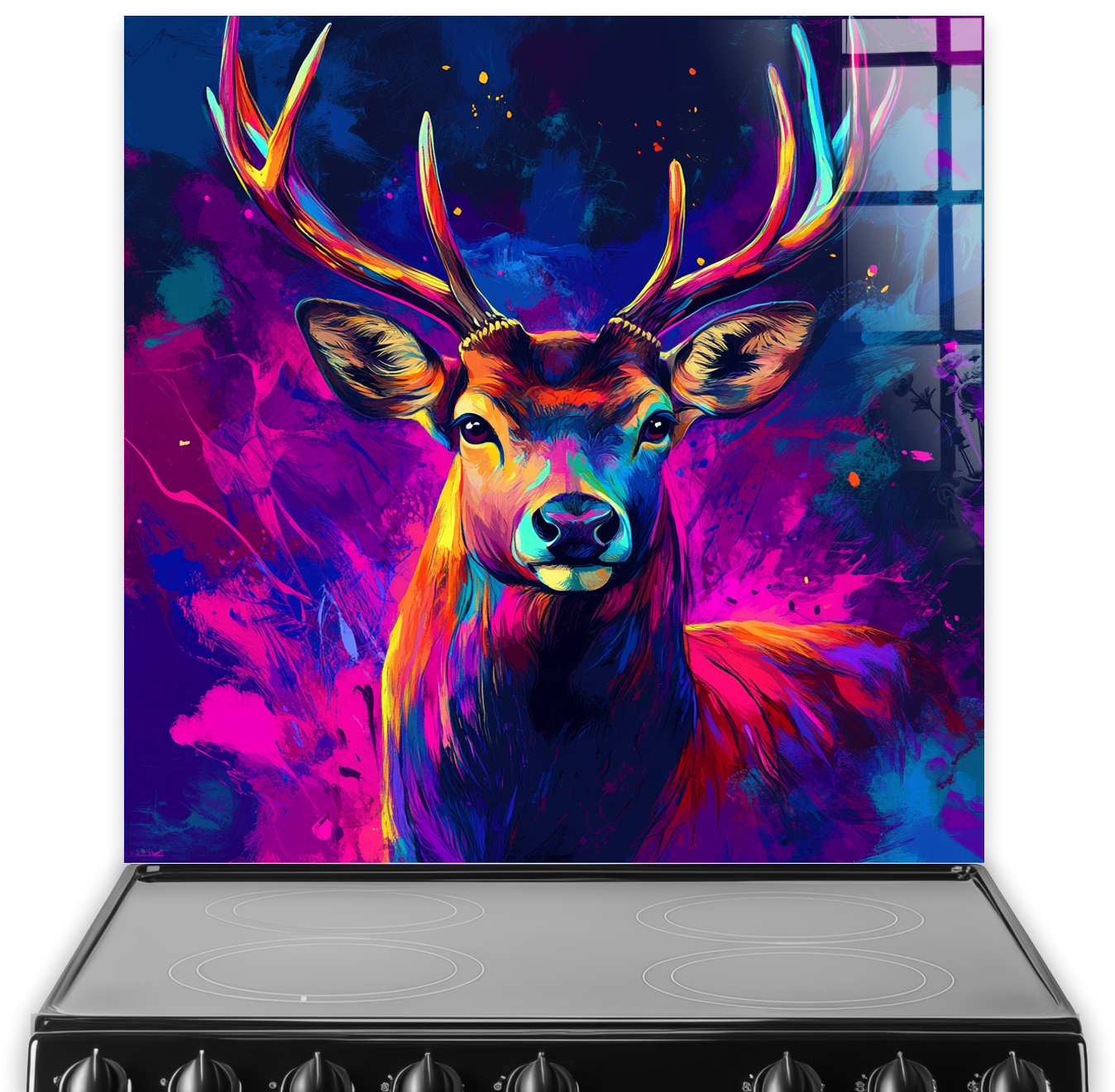 Colourful neon stag splashback with purple and orange hues