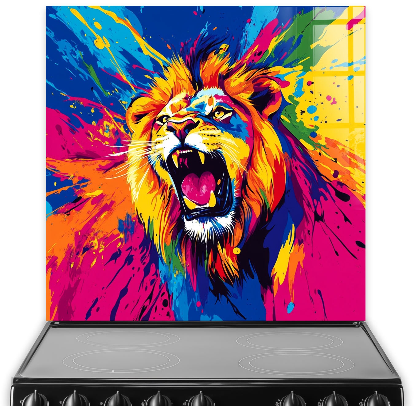 Colourful roaring lion splashback with bold abstract paint splashes in orange, pink, blue and yellow
