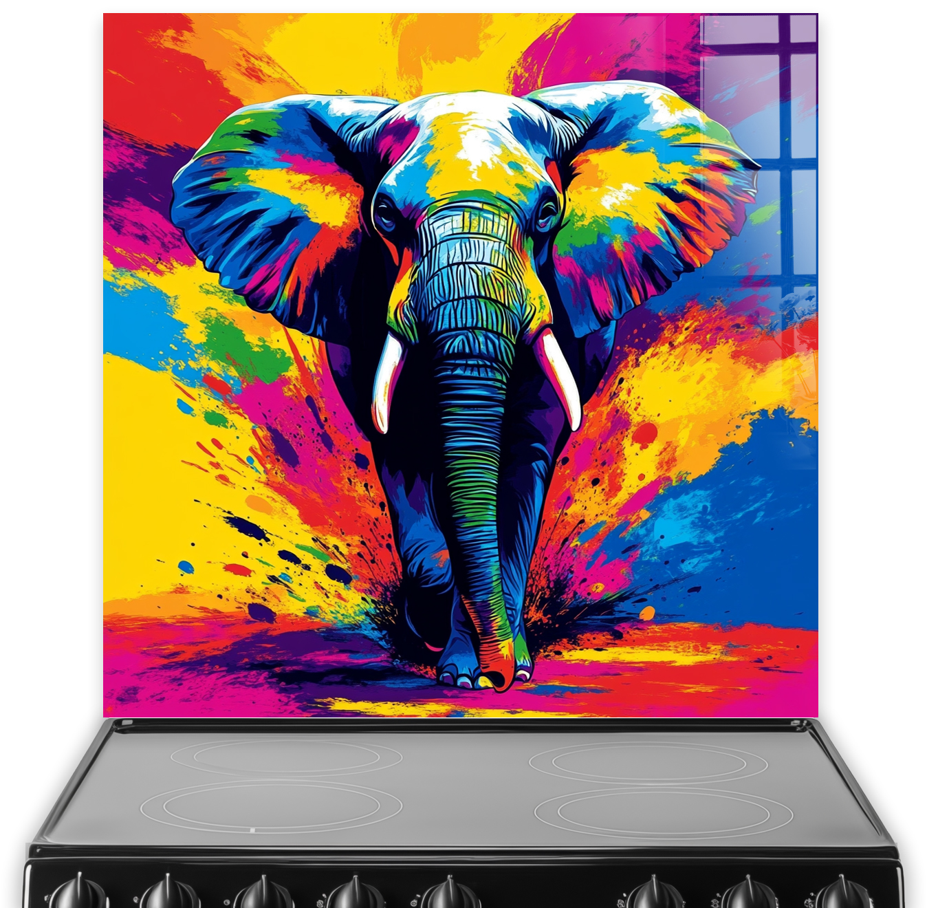 Bright colourful elephant printed splashback with abstract paint splatter design