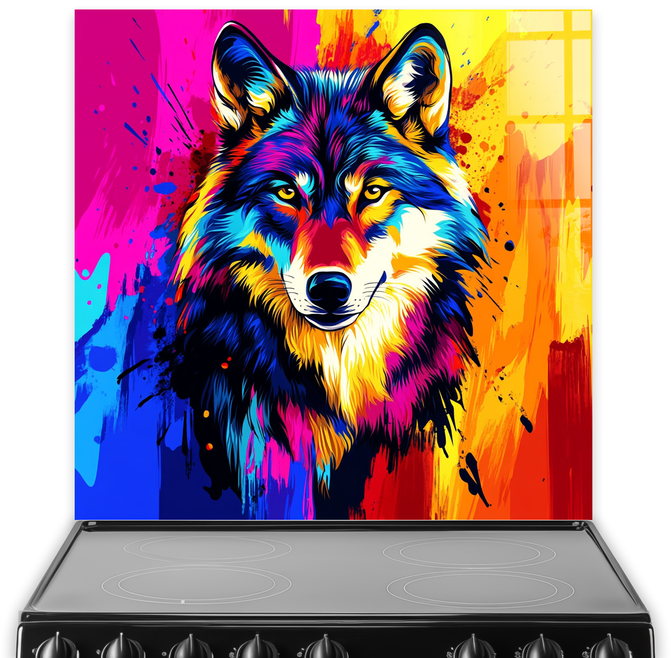 Colourful pop art style wolf splashback featuring vibrant blue, red, yellow, pink and orange tones