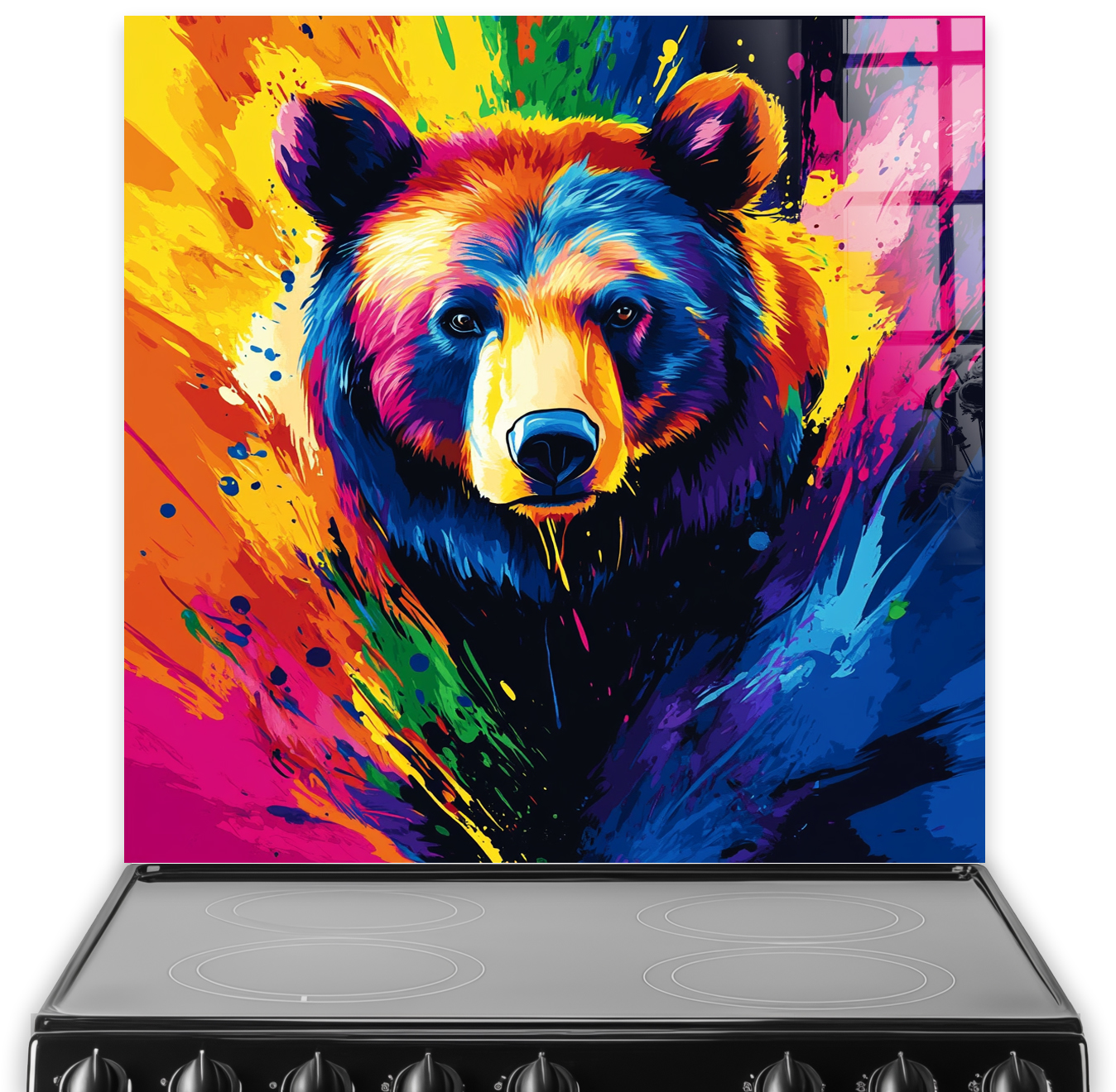 Colourful artistic bear splashback with vibrant abstract paint strokes
