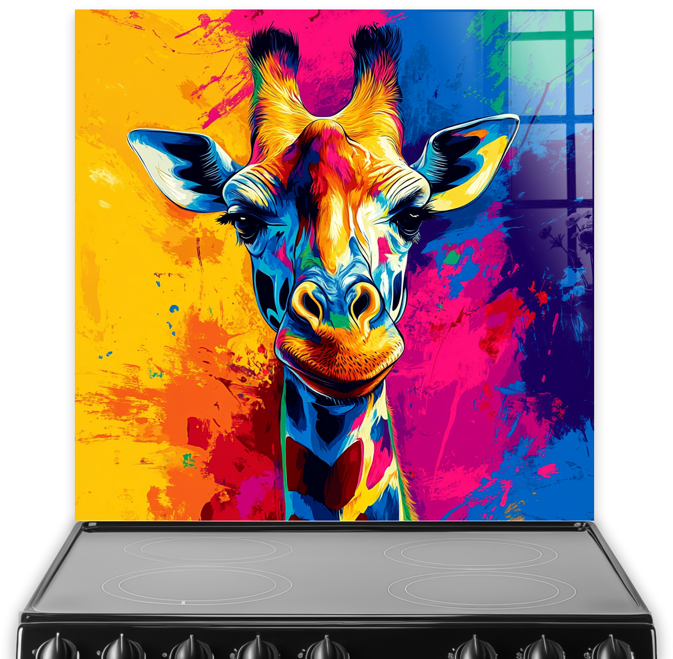 Colourful pop art giraffe splashback with vibrant background